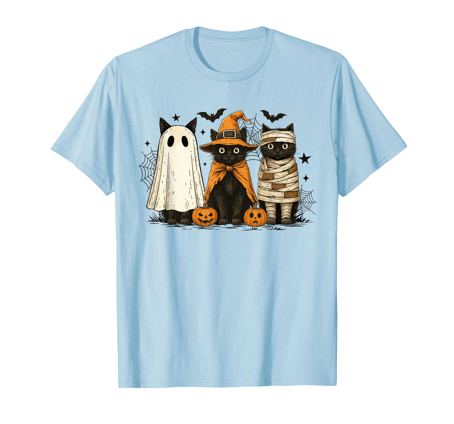 Retro Black Cat Witch Scary Halloween Pumpkin Women Men Kids T-Shirt