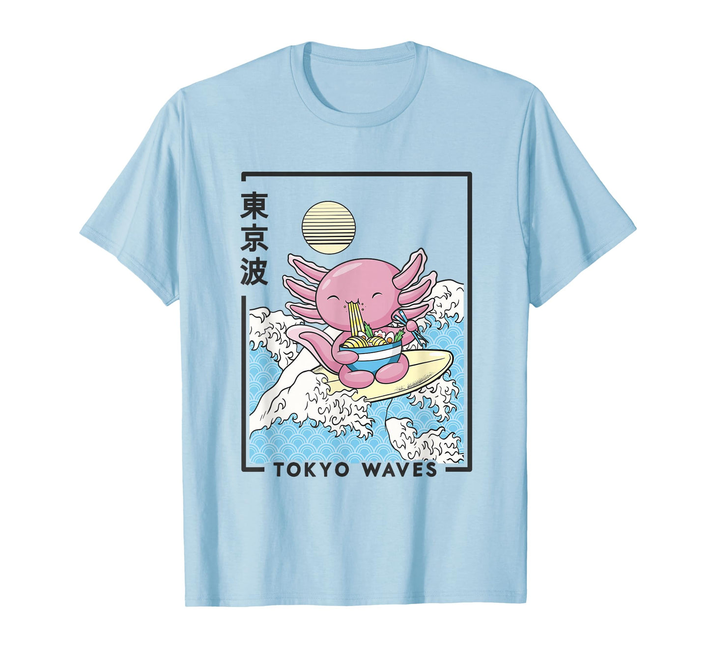 Axolotl Eating Ramen Japanese Waves Kids Kawaii Aesthetic T-Shirt