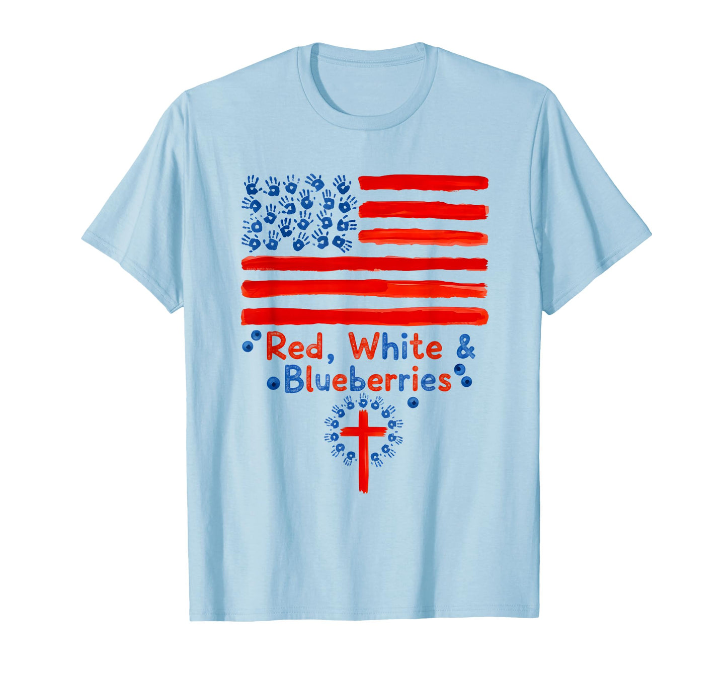 Cute Red White and Blueberries Fingerpaint Flag and Cross T-Shirt