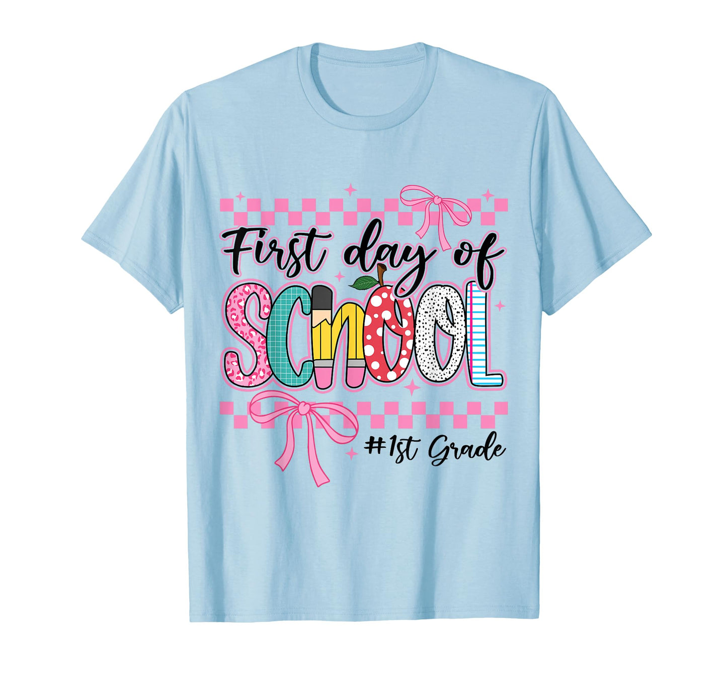 First Day of 1st Grade Kids Girl Bow Back To School Retro. T-Shirt