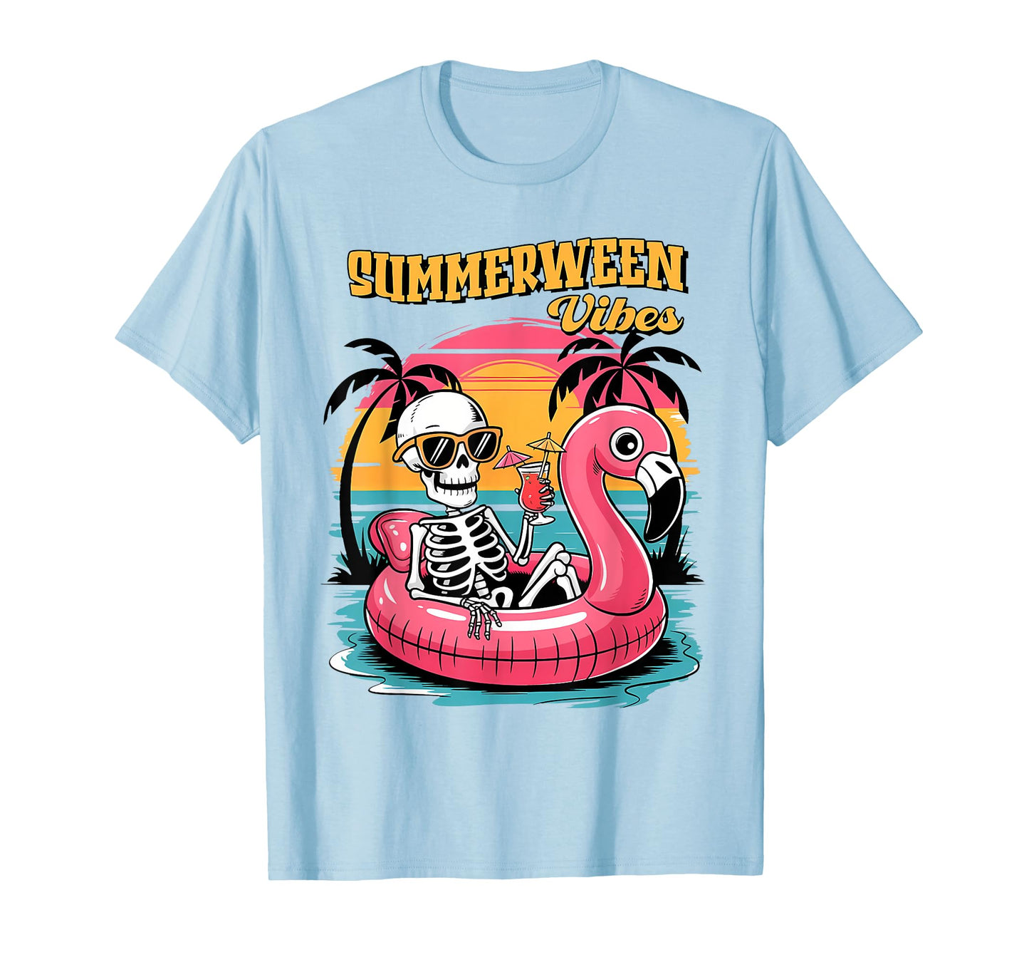 Summerween Vibes Skeleton Flamingo Spooky Halloween Summer T-Shirt