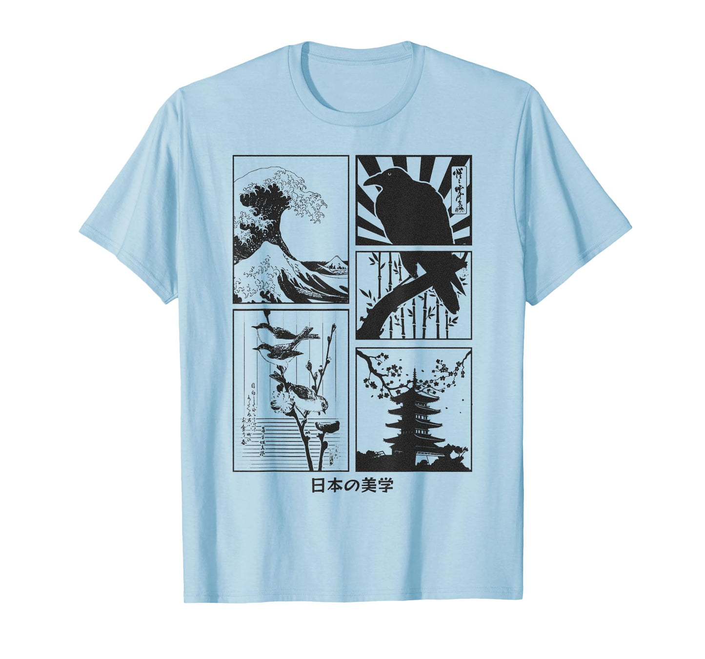 Japanese Art Birds on Cherry Blossom and Kyosai Crow Raven T-Shirt