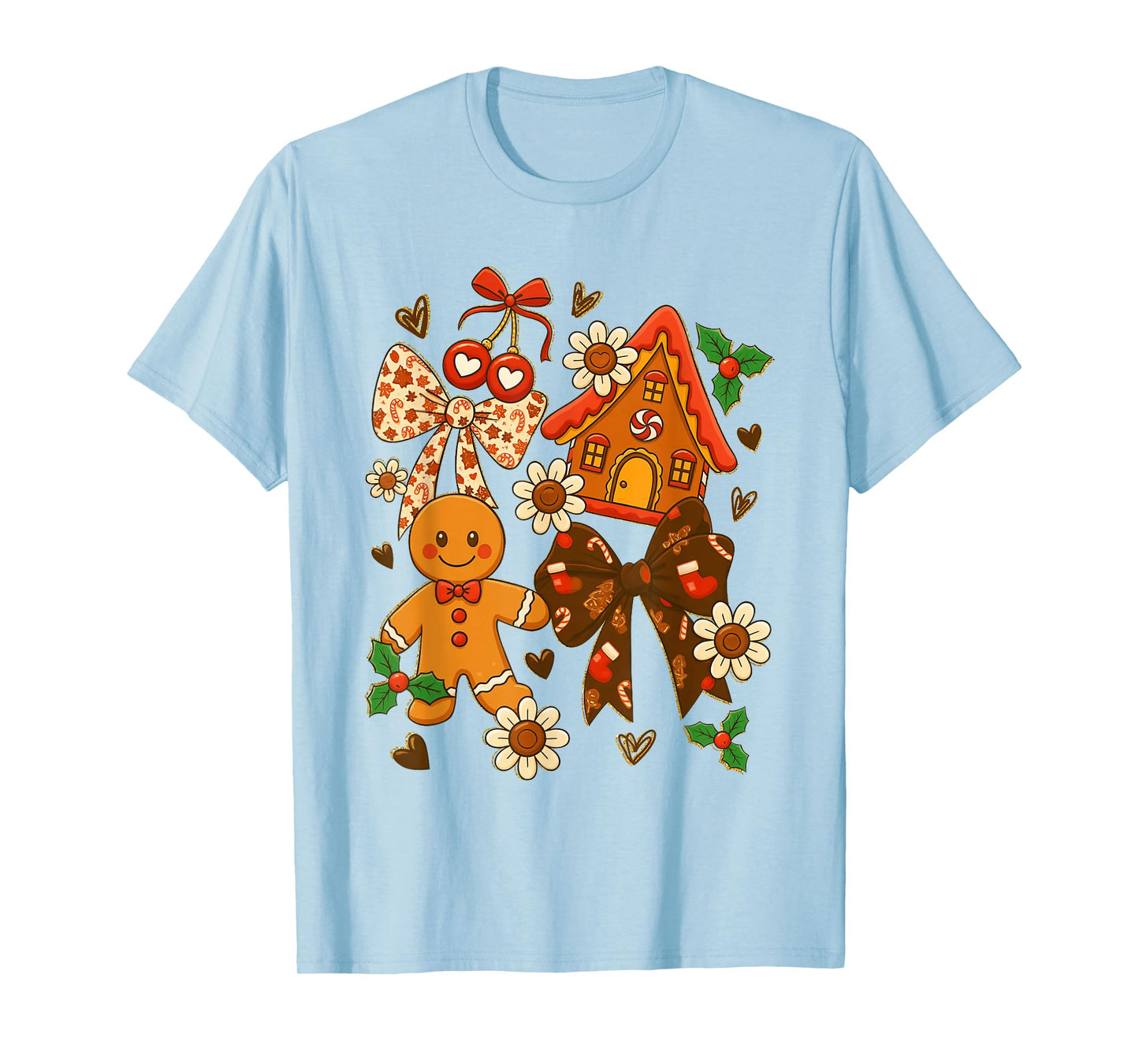 Cute Coquette Bow Gingerbread House Cookie Christmas Holiday T-Shirt