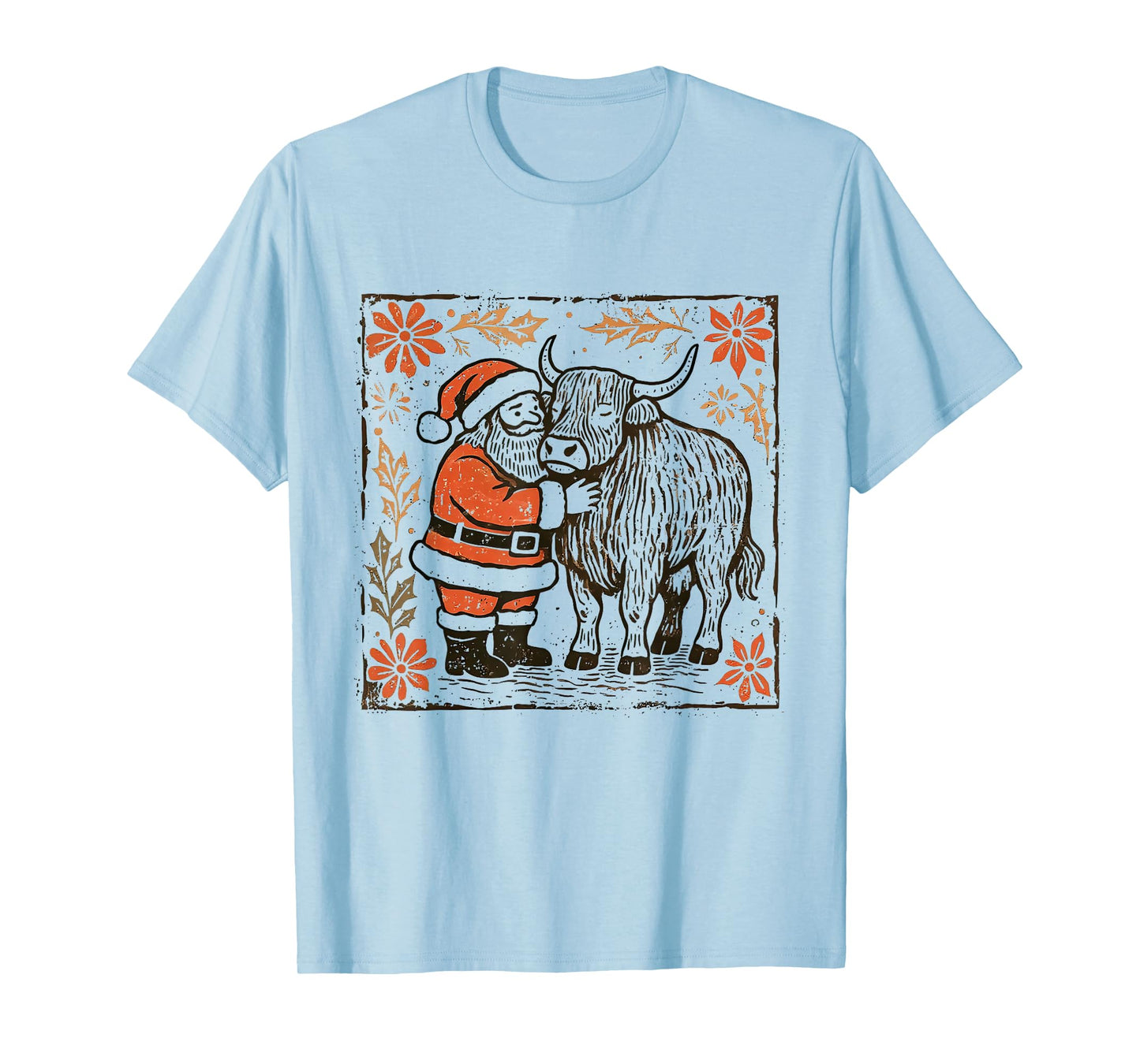 Boho Floral Western Christmas Santa Claus Highland Cow Xmas T-Shirt