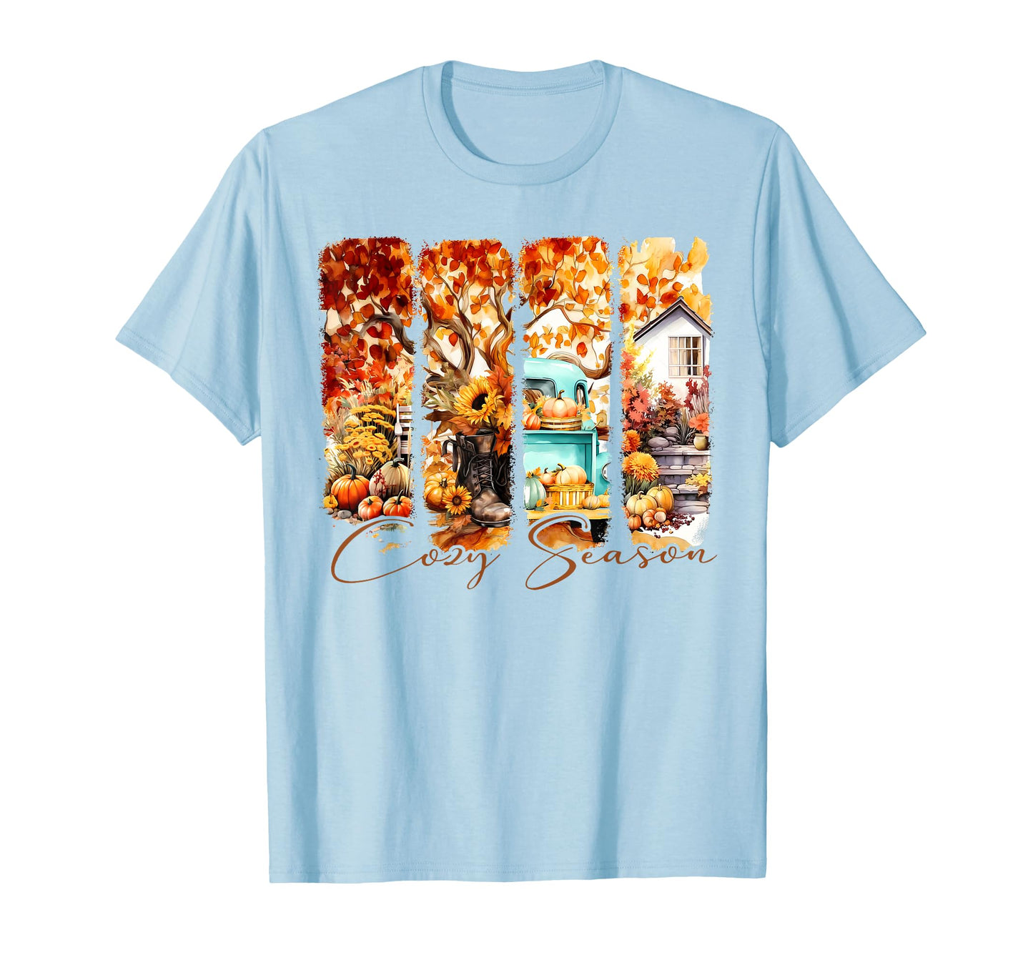 Cute Autumn Fall Season Pumpkin Truck Hat House Trees Cozy T-Shirt