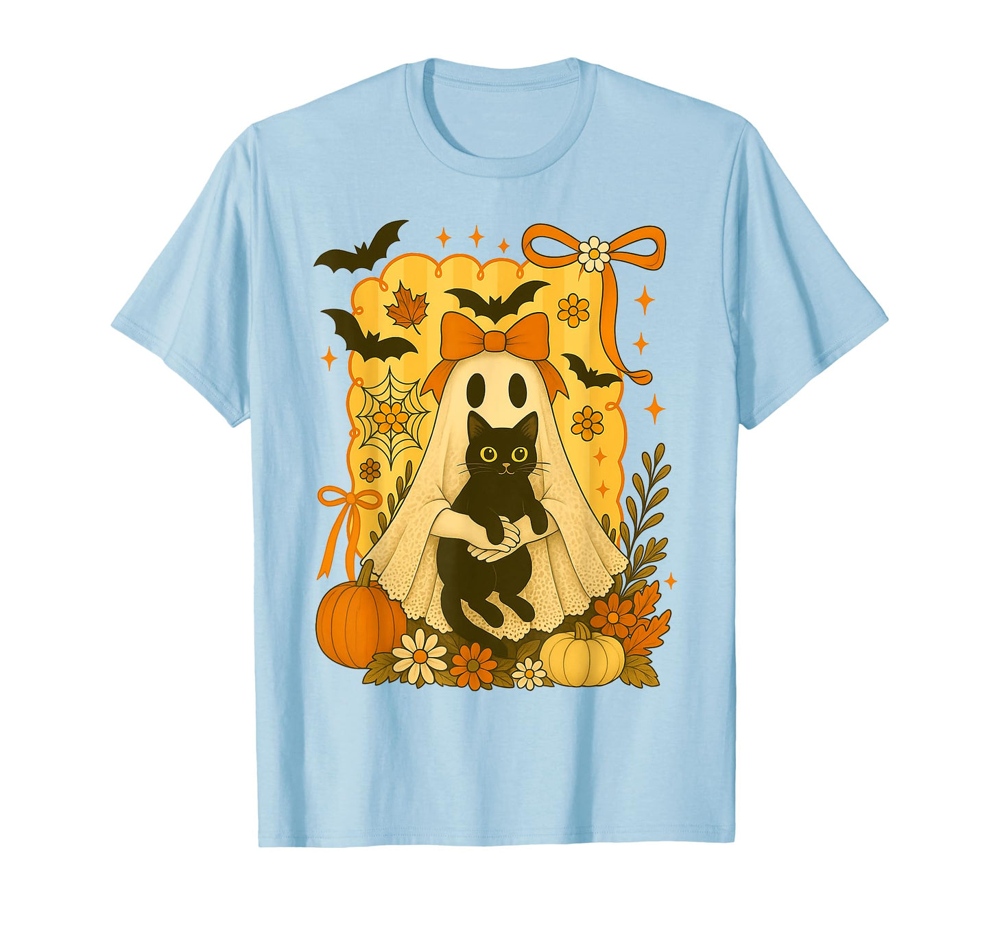 HUGvyn Halloween: Coquette Lace Ghost Holding Black Cat Fall Men Women Kids T-Shirt