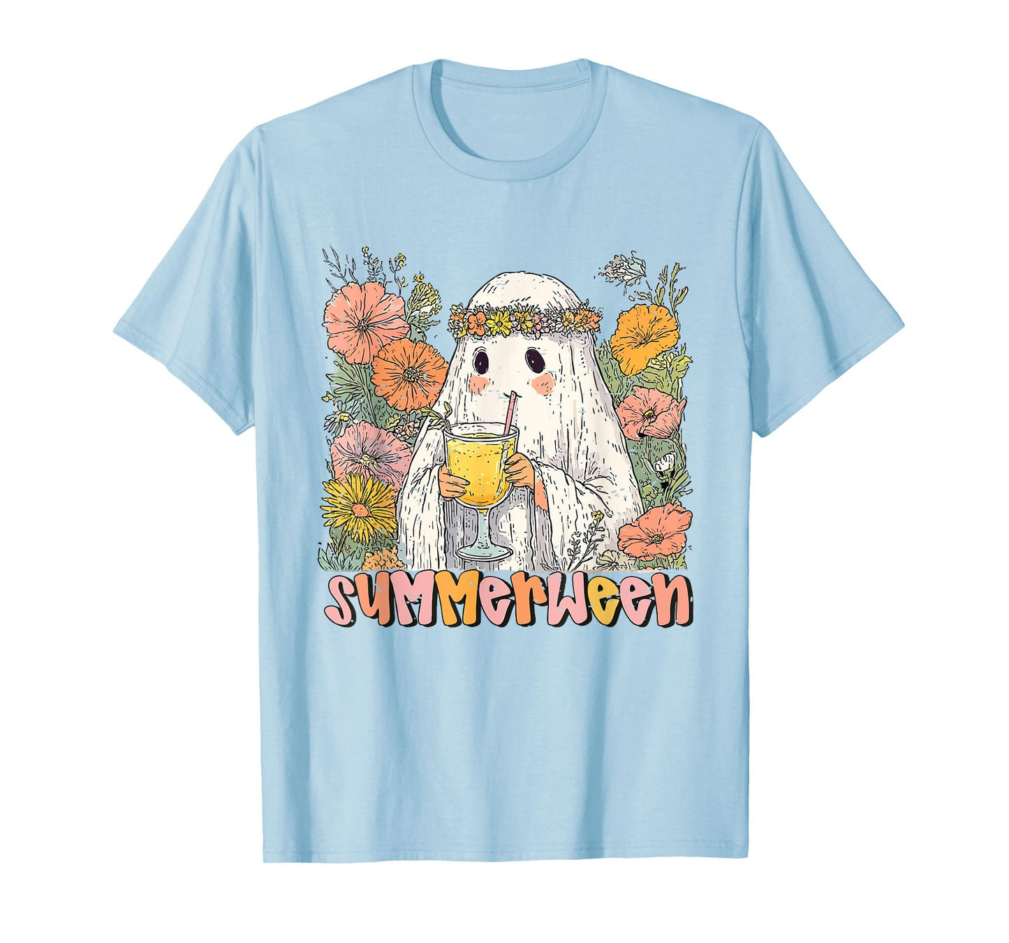 Retro Floral Ghost Summer Halloween Cocktail Cute Summerween T-Shirt