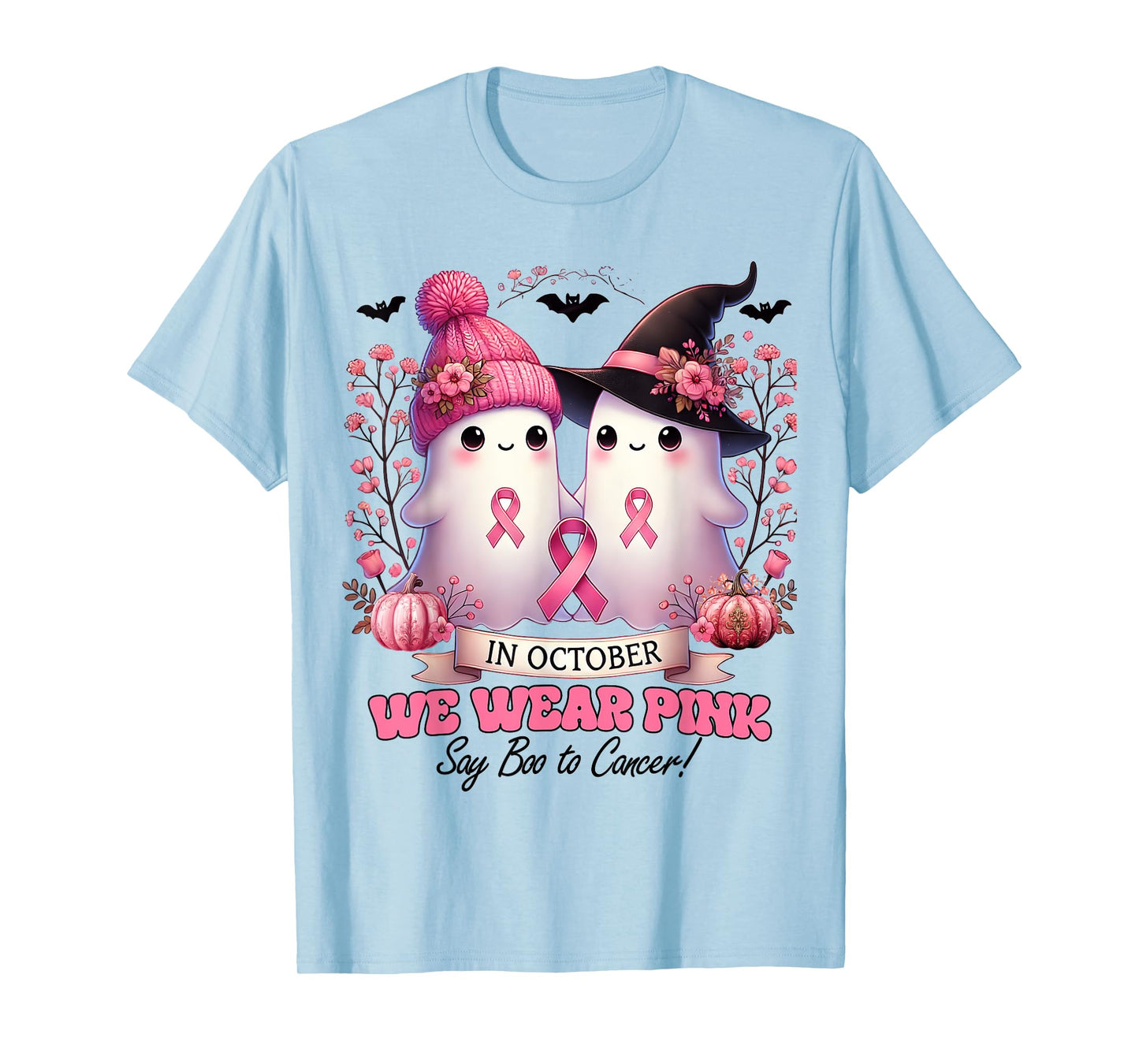 In October We Wear Pink Witch Ghost Pumpkin Breast Cancer T-Shirt