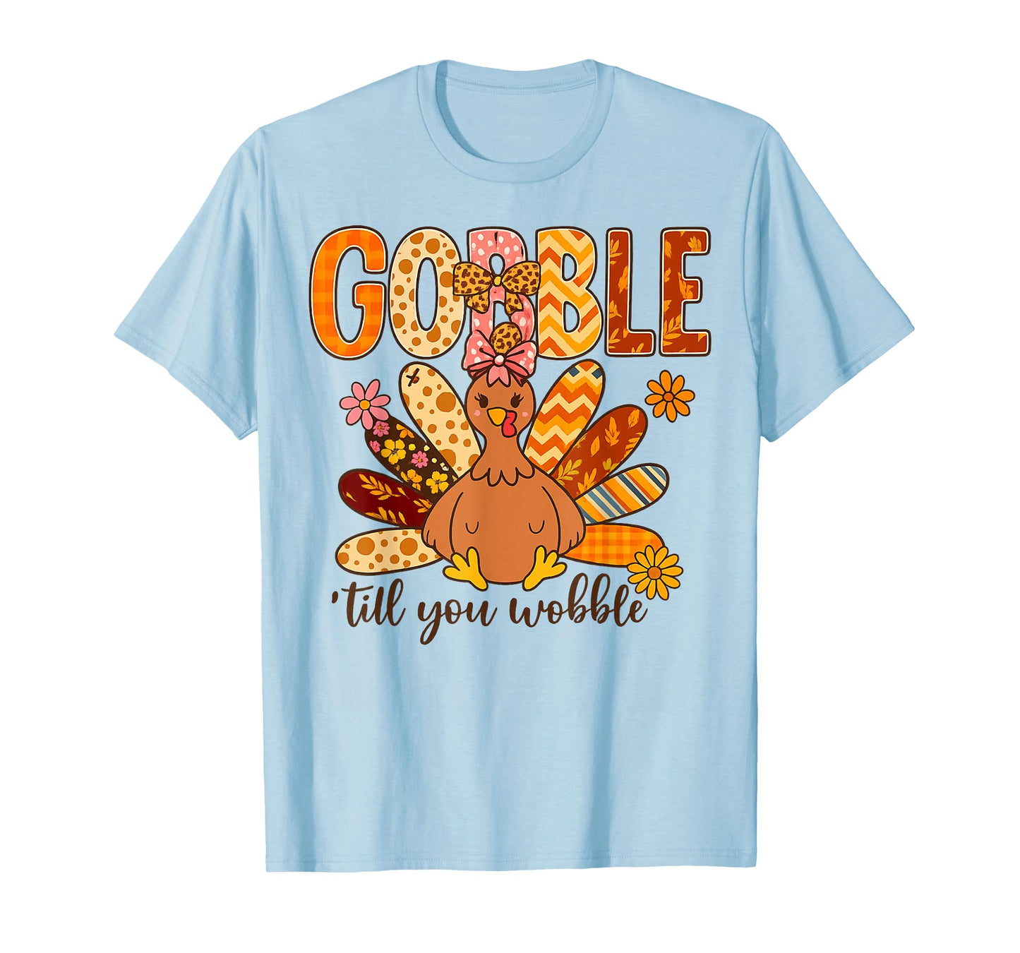 Gobble Til You Wobble Thanksgiving Floral Turkey Leopard T-Shirt