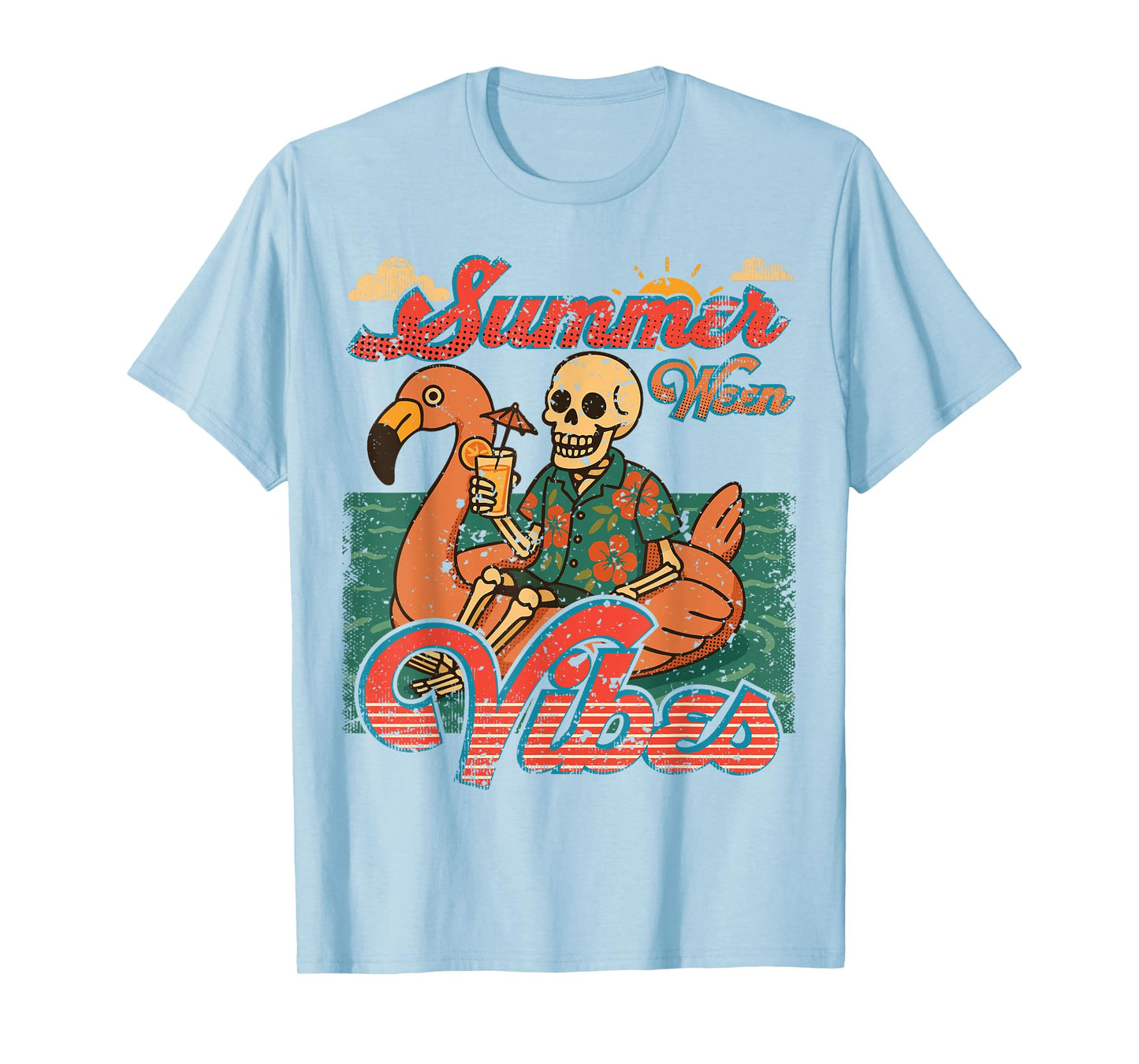 Summerween Vibes Skeleton Flamingo Float Summer Halloween T-Shirt