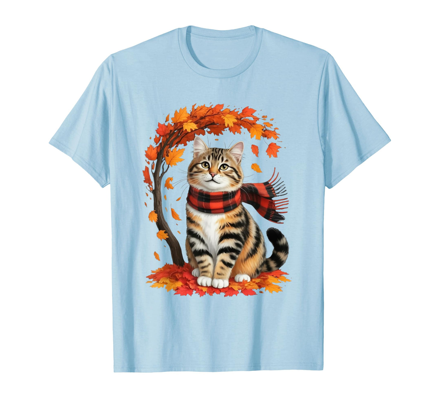 Autumn Cat with Leaves and Scarf Forest Lovers Design T-Shirt