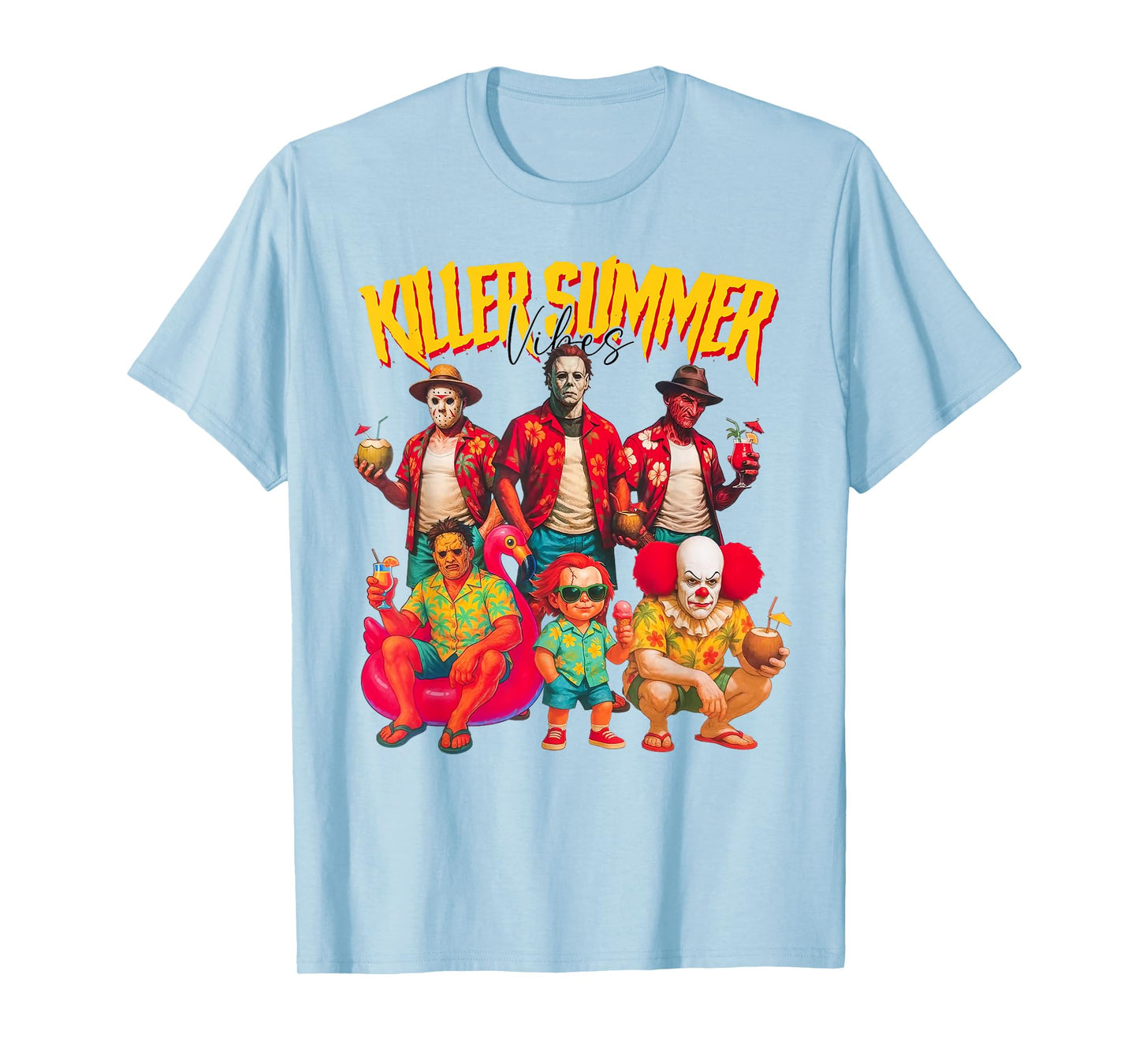 Killer Summer Vibes Beach Vacation Funny Horror Characters T-Shirt