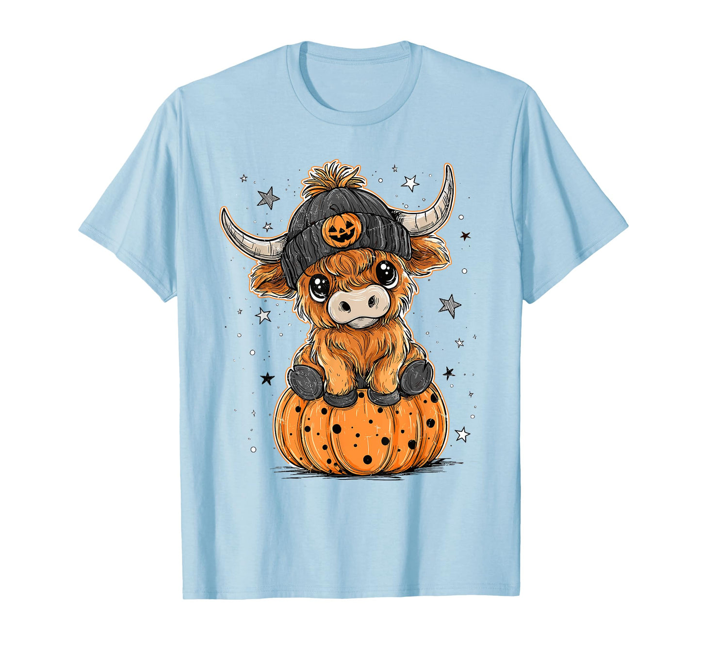 Cute Pumpkin Highland Cow Halloween Cow Lover Men Women Kids T-Shirt
