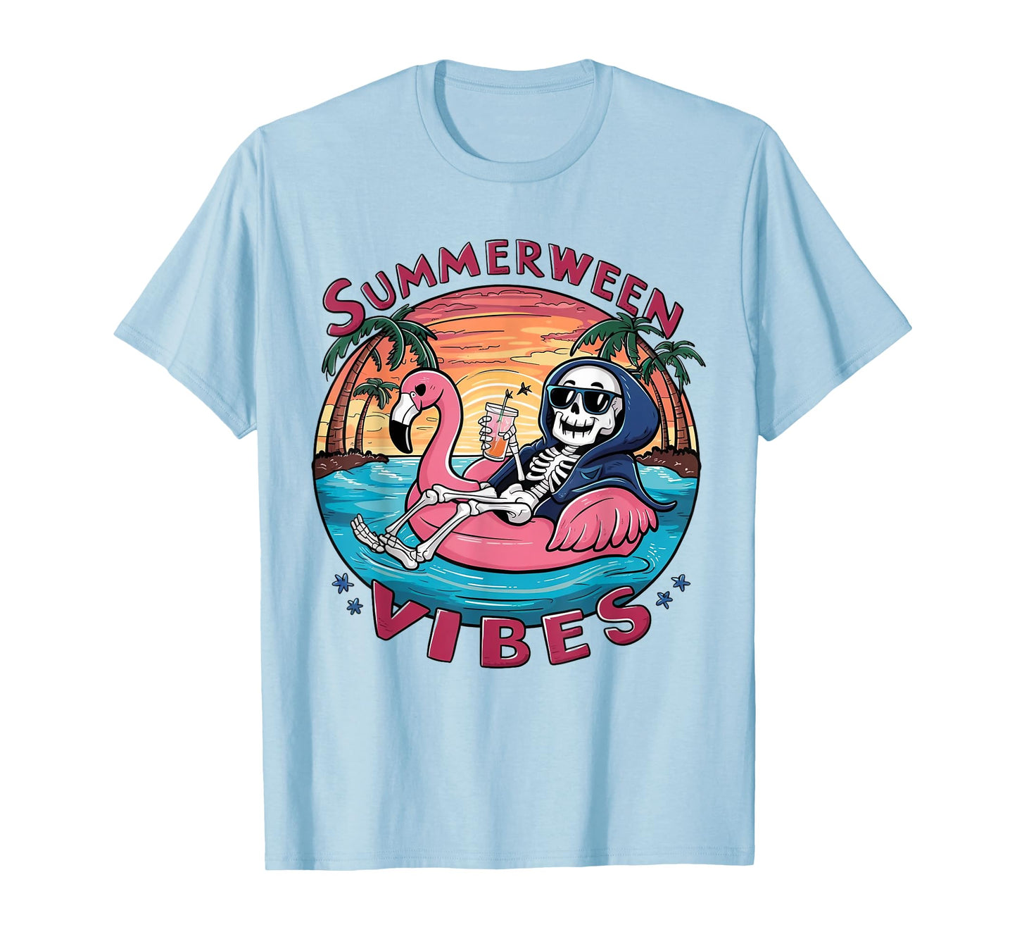 Summerween Vibes Halloween Summer Fun Flamingo Skeleton T-Shirt