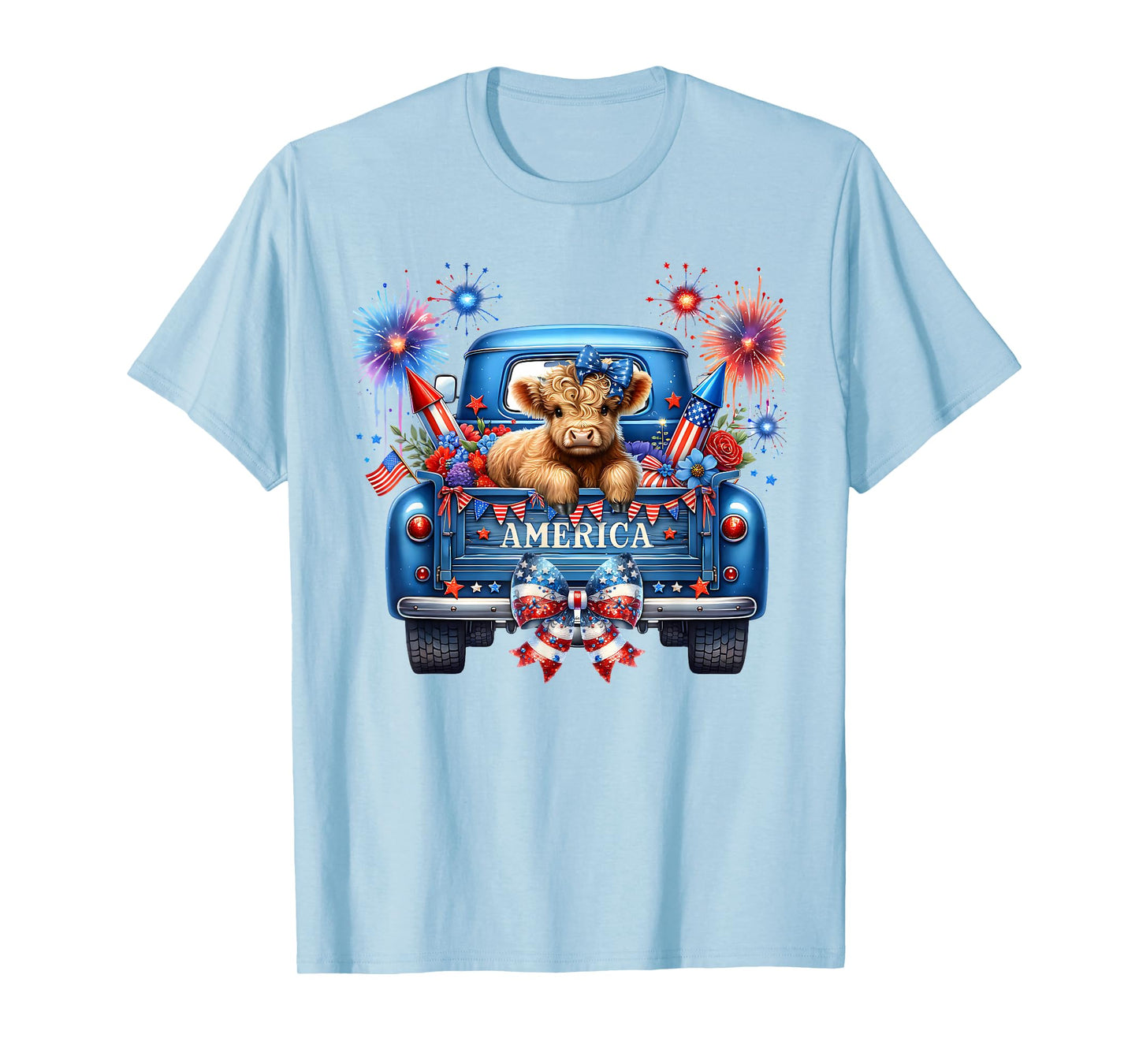 Cute Highland Cow 4th of July USA Flag Patriotic Cow Farmer T-Shirt
