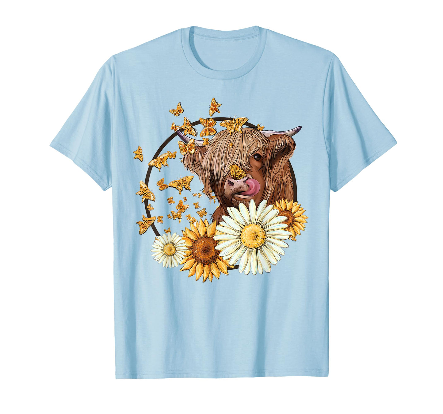 Highland Cow With Sunflower Daisies Butterflies Farm Western T-Shirt