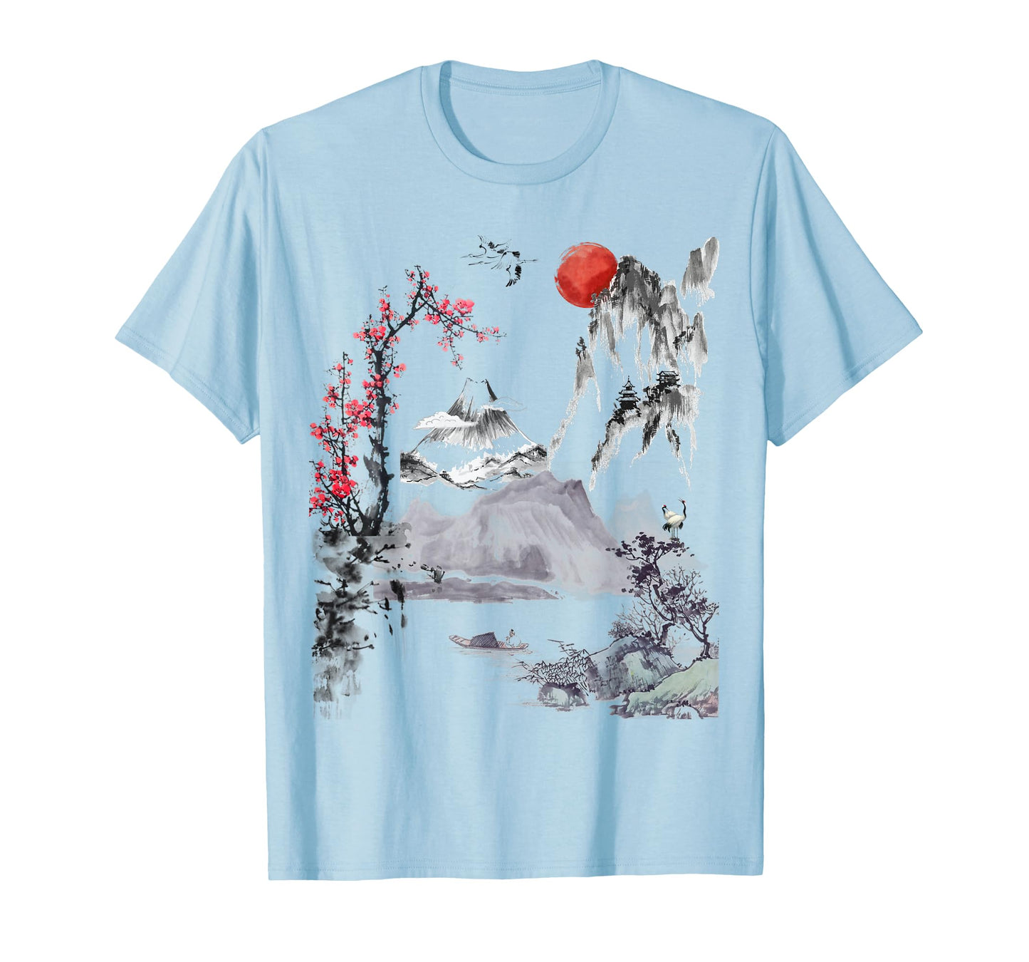 Japanese Art Tree Red Moon with Birds Flying in Background T-Shirt