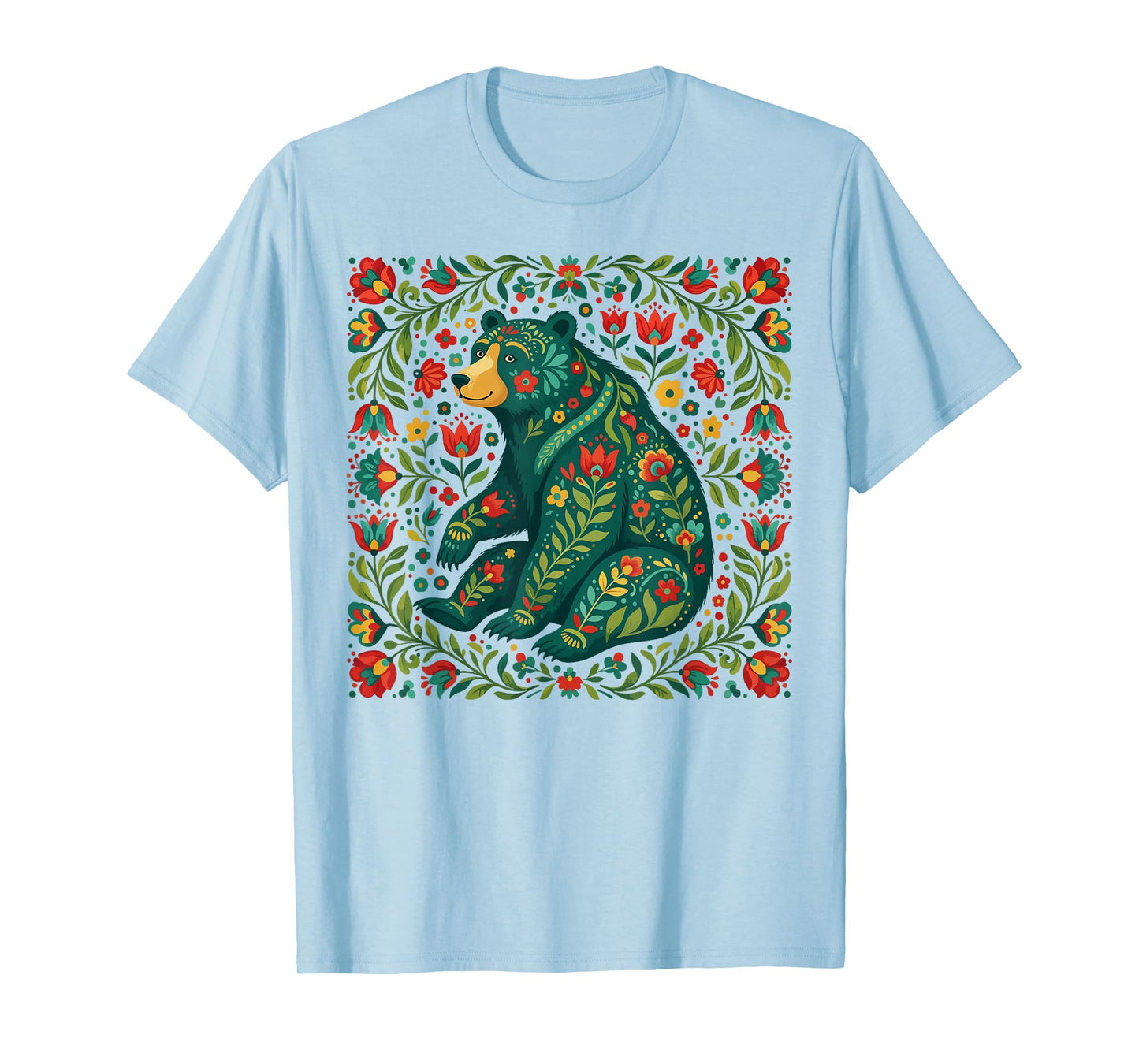 Scandinavian Folk Art Bear Floral Pattern Nordic Animal T-Shirt