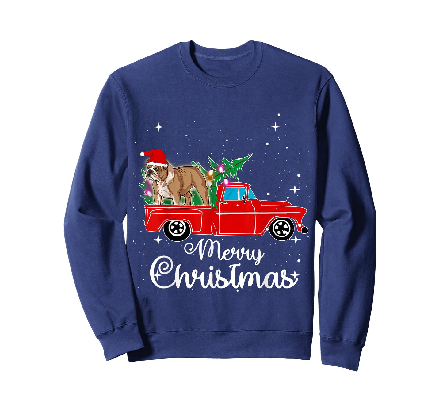 English Bulldog Dog Red Truck Christmas Tree Lights Xmas T-Shirt