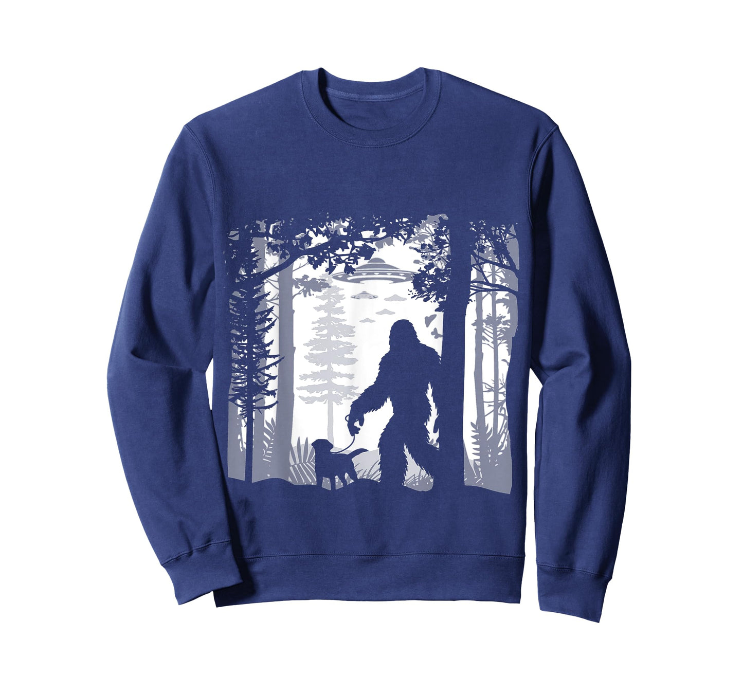 Funny Sasquatch Bigfoot Walking Dog in Woods with Alien UFOs T-Shirt