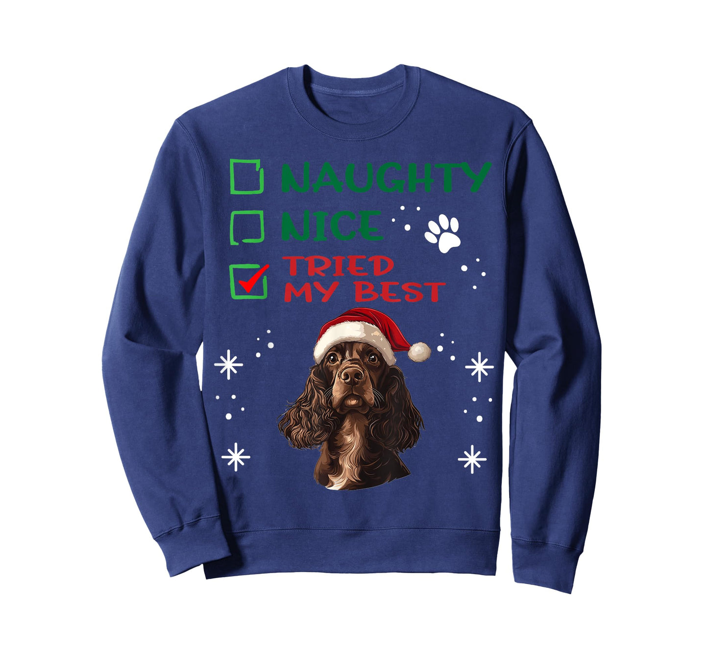 Cute English Cocker Spaniel Dog Christmas Naughty Nice Tried Men Women Kids T-Shirt