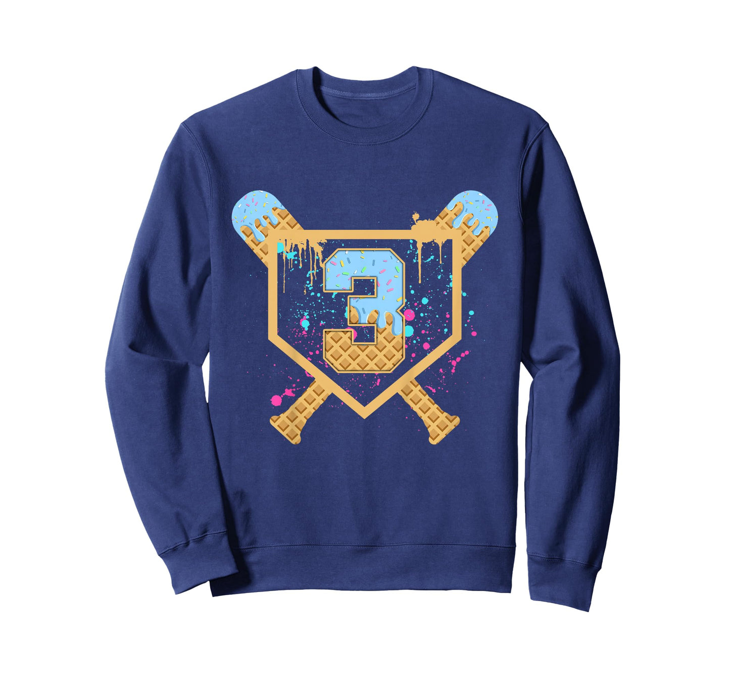Kids Baseball 3 Year Old Ice Cream Drip 3rd Birthday Boy Number 3 T-Shirt