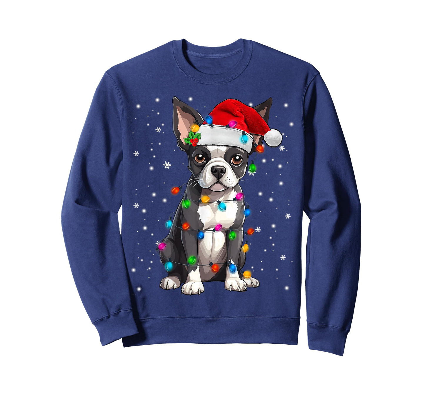 Boston Terrier Christmas Santa Hat Tree Lights Pajama T-Shirt