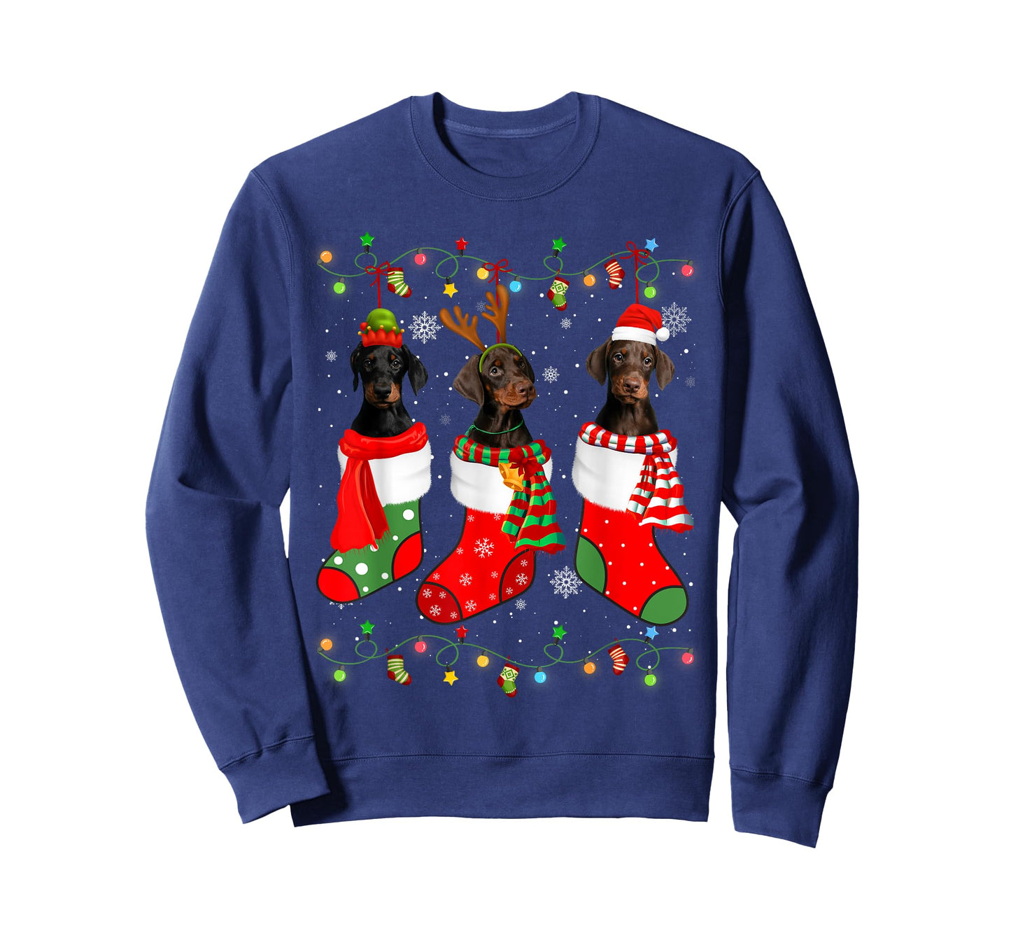 Doberman Dog Christmas Socks Santa Hat Xmas Lights T-Shirt