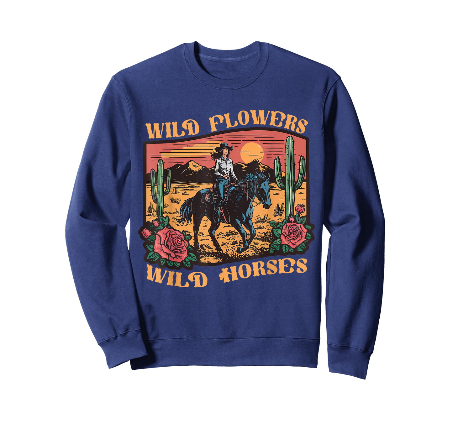 Vintage Sunset Cowgirl Riding Horse Wildflowers Women Girls T-Shirt