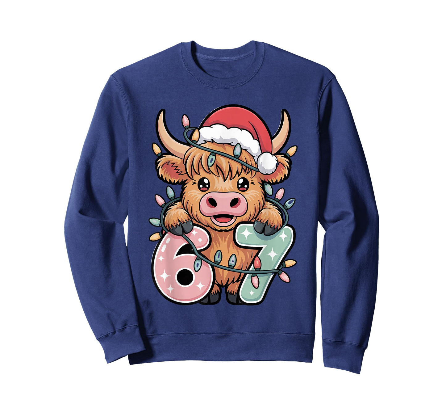 Kawaii Christmas Highland Cow 6 7 Meme Xmas Cow Lover Kids T-Shirt