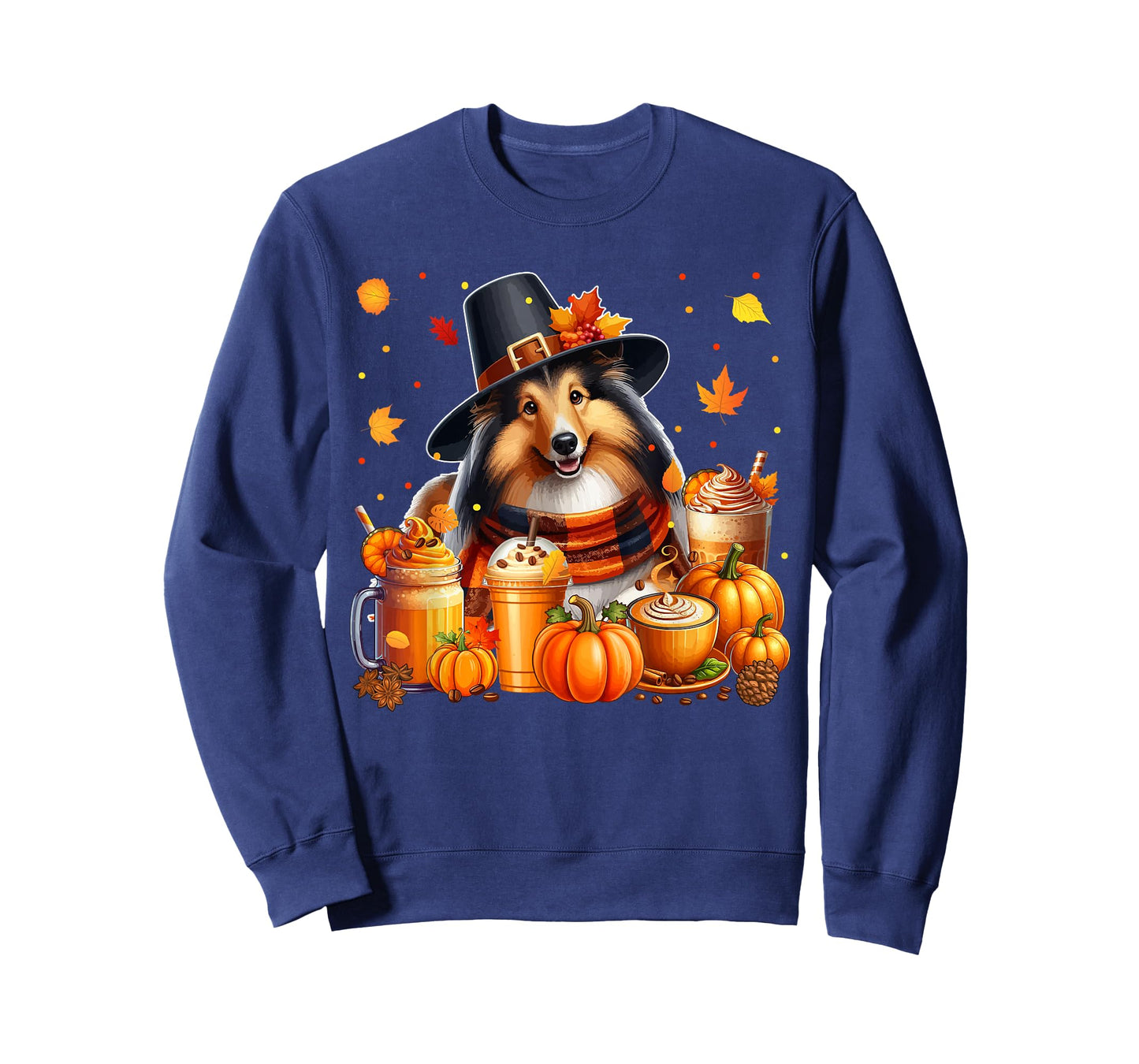 Sheltie Thanksgiving Drinks Coffee Fall Leaves Pumpkins T-Shirt