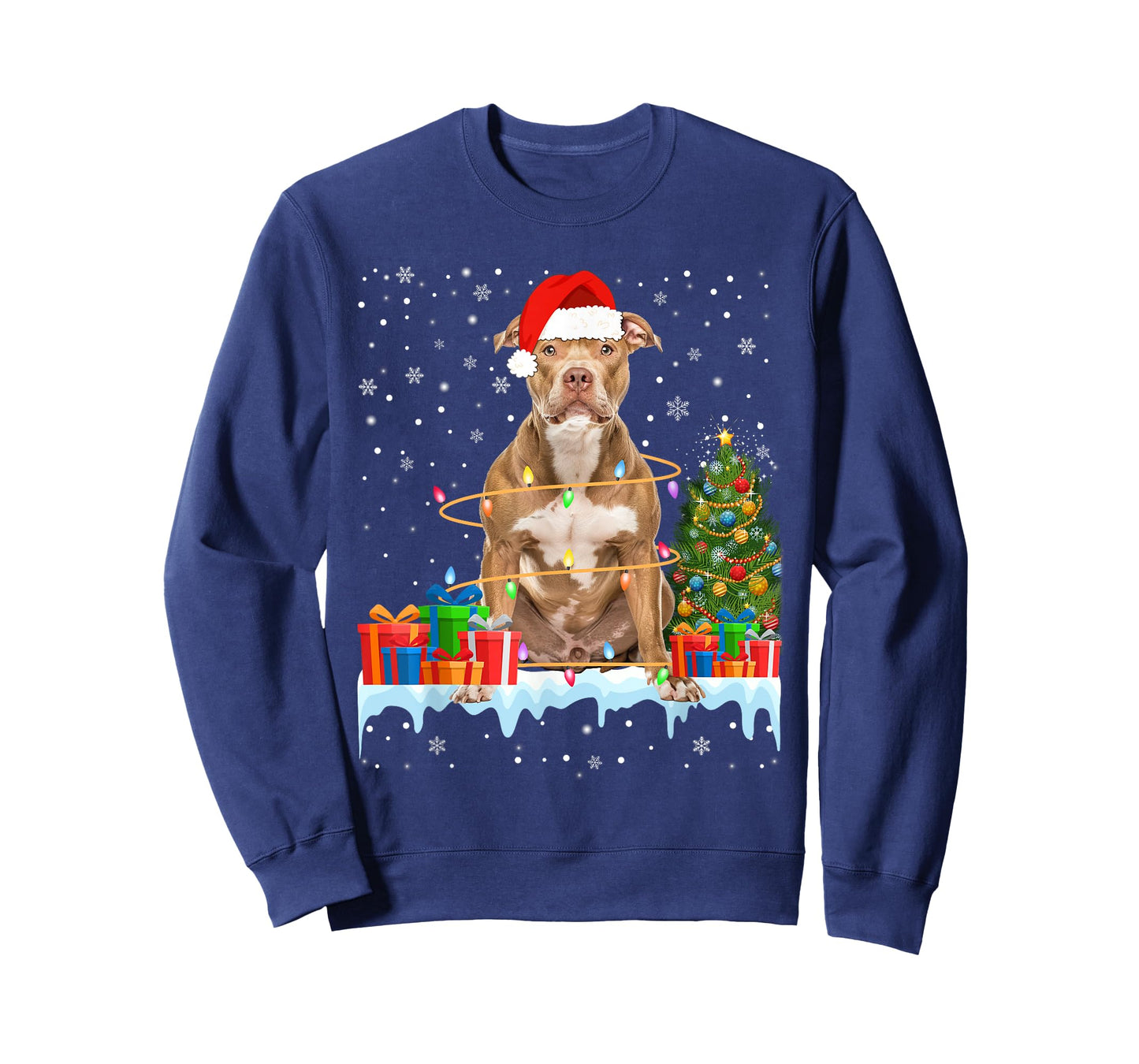 Funny Santa Pitbull Dog Christmas Lights Xmas Pajamas Men Women Kids T-Shirt
