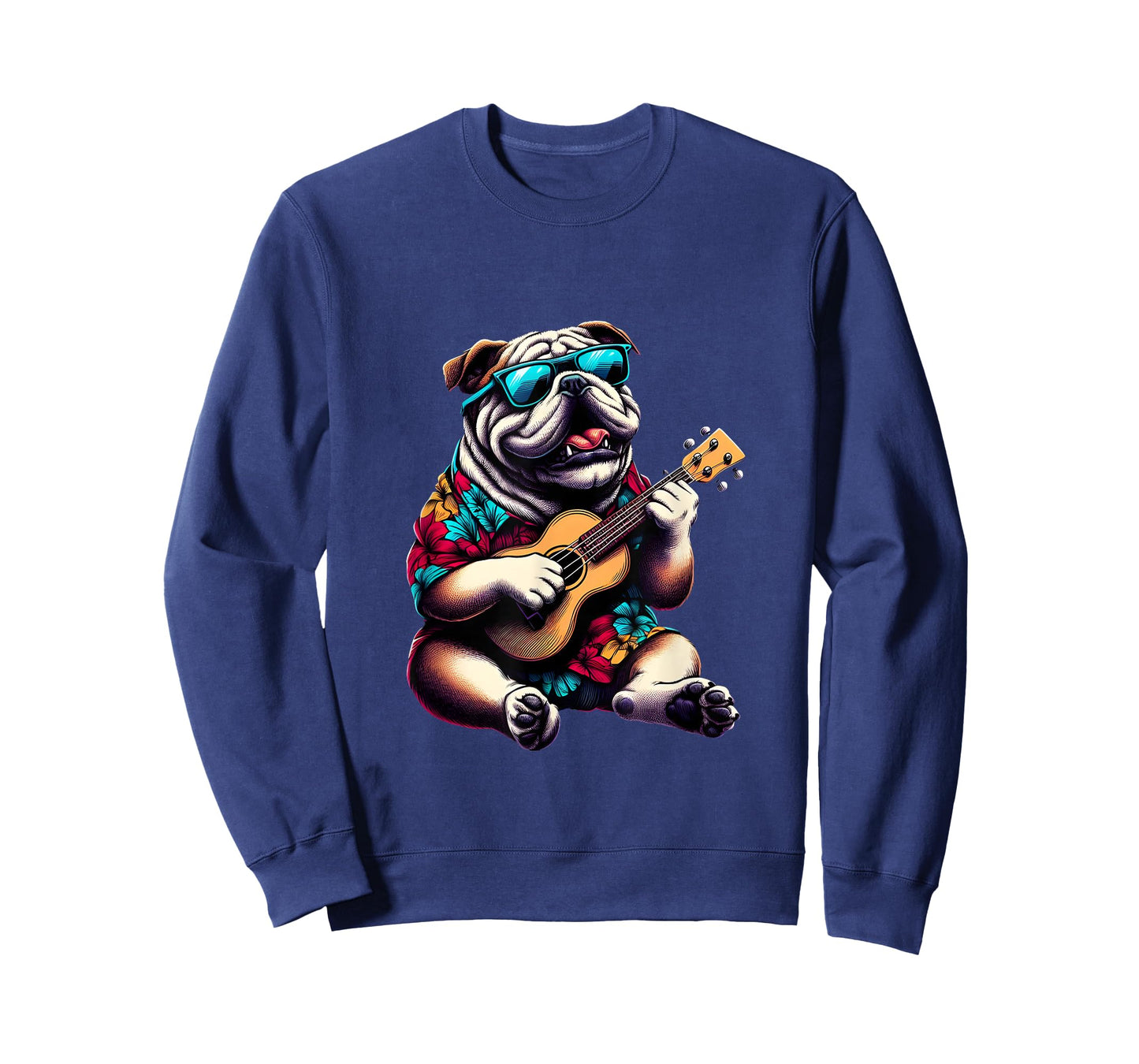 Bulldog Wearing a Hawaiian Shirt, Playing a Ukulele T-Shirt for Men Women Kids