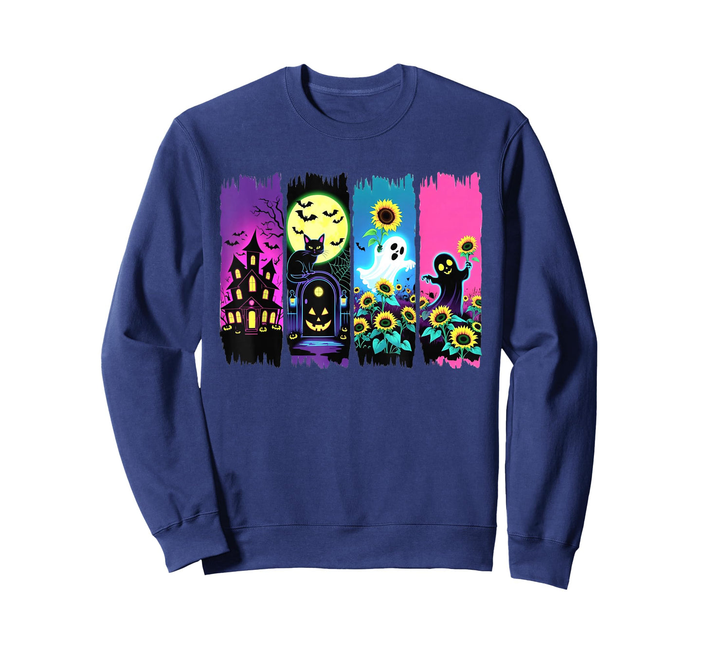 Colorful Halloween Ghosts and Sunflowers Brushstroke Design T-Shirt