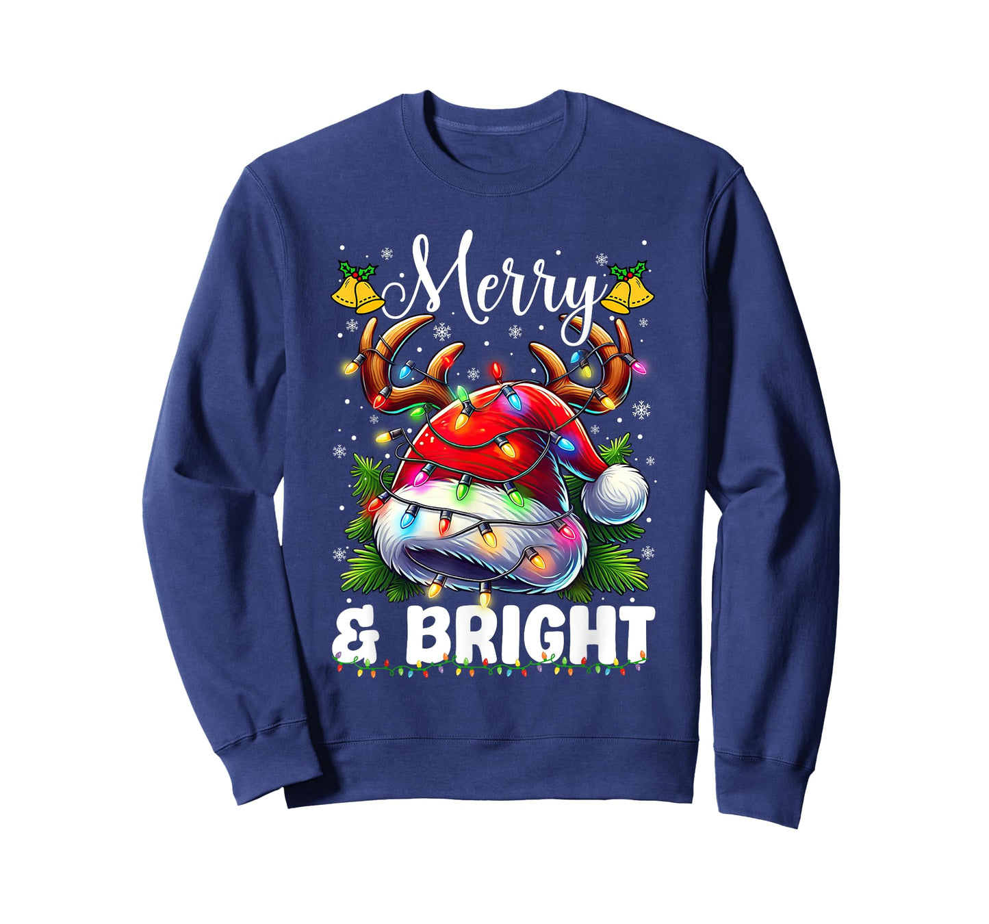 Merry and Bright Light Christmas Red Santa Hat Reindeer Xmas T-Shirt