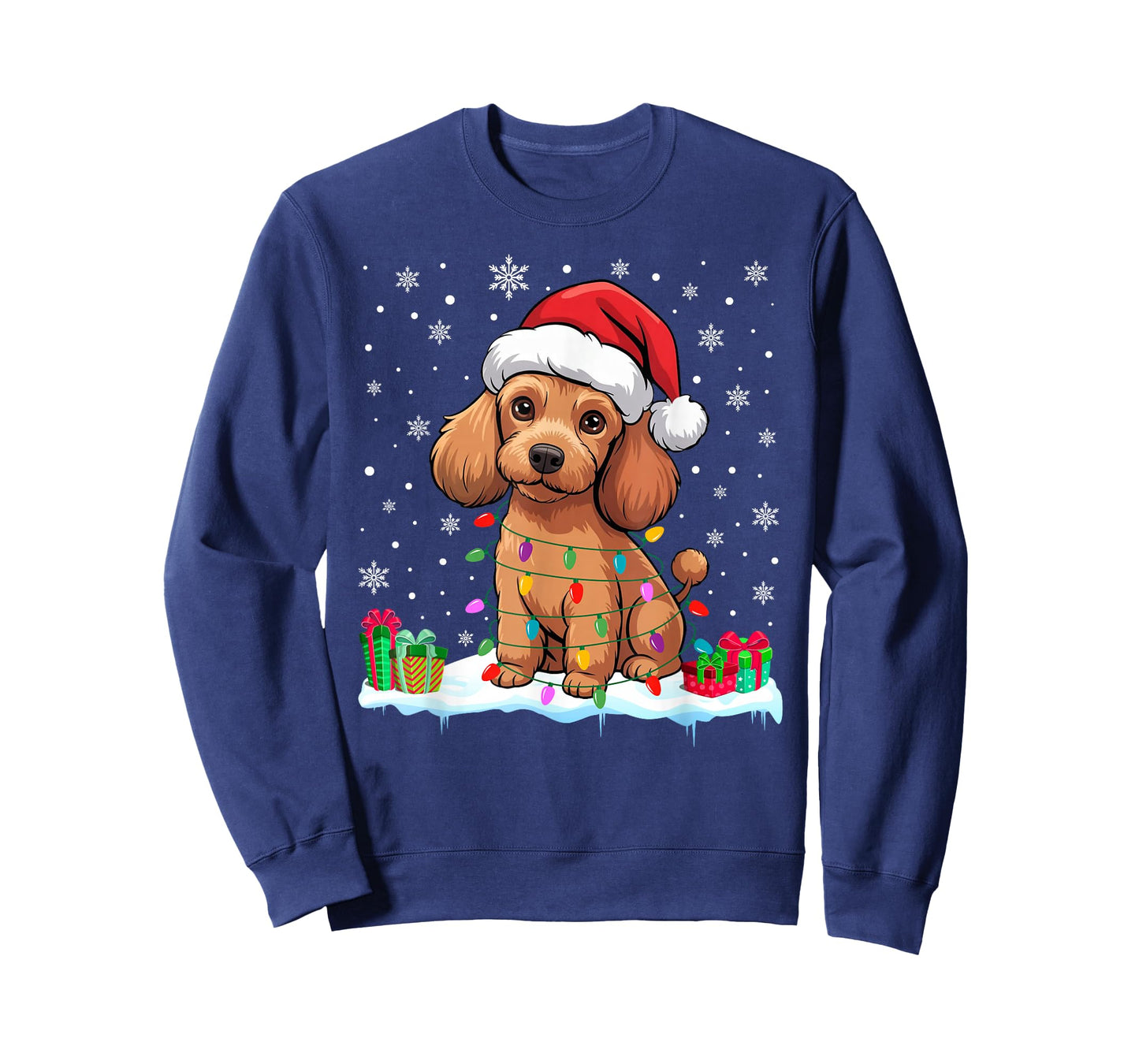 Poodle Dog Christmas Lights Decor Funny Santa Hat Ugly Xmas T-Shirt