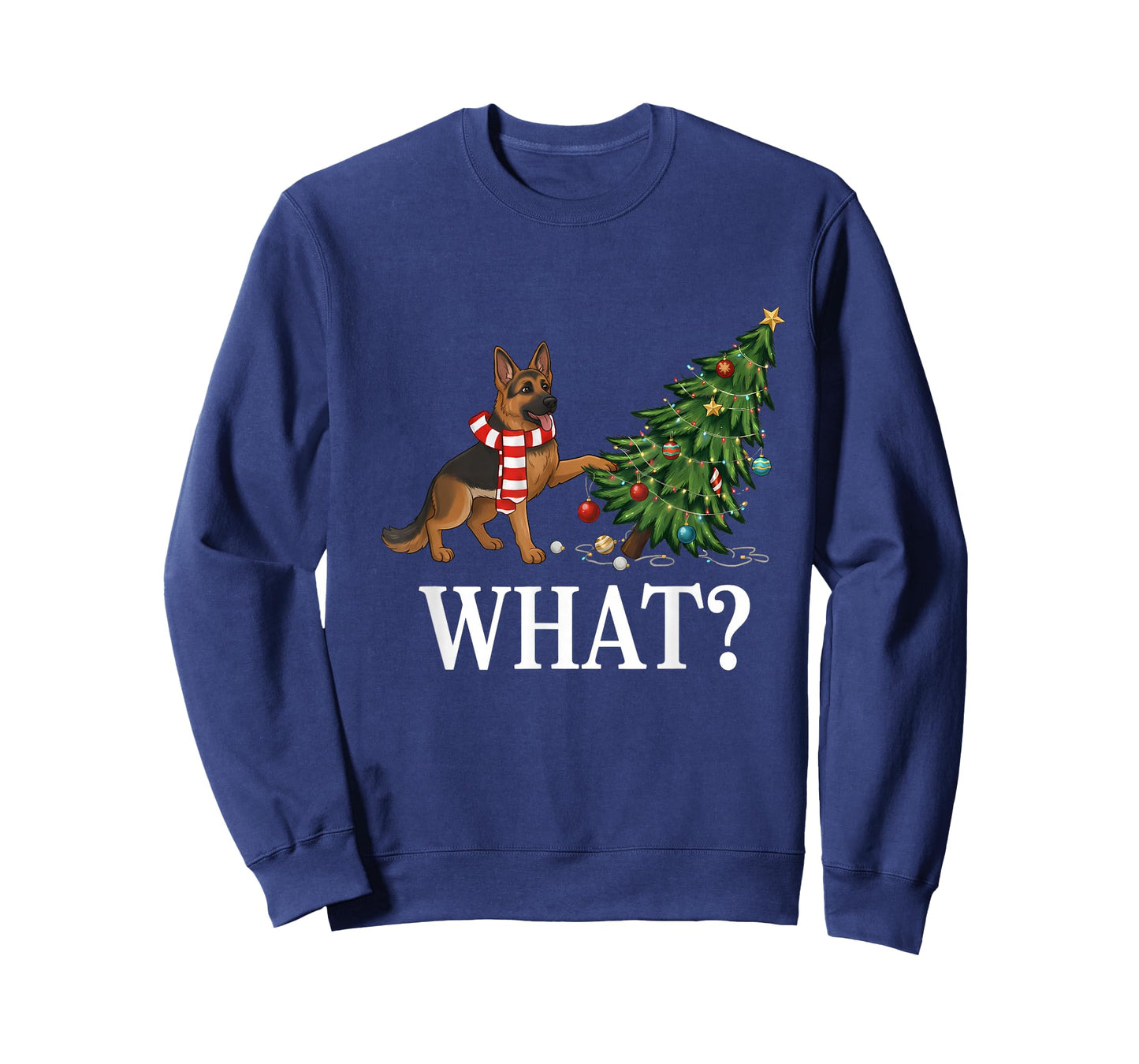 Funny German Shepherd Pushing Christmas Tree Over Dog What? T-Shirt