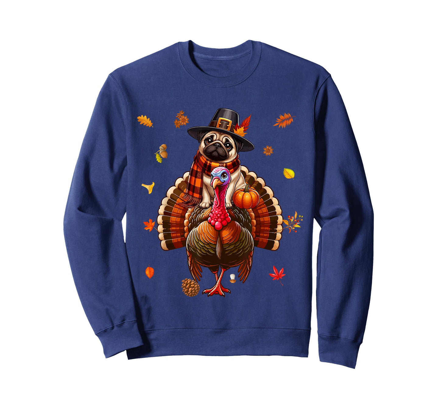 Pug Riding Turkey Thanksgiving Fall Leaves Owner Kids T-Shirt