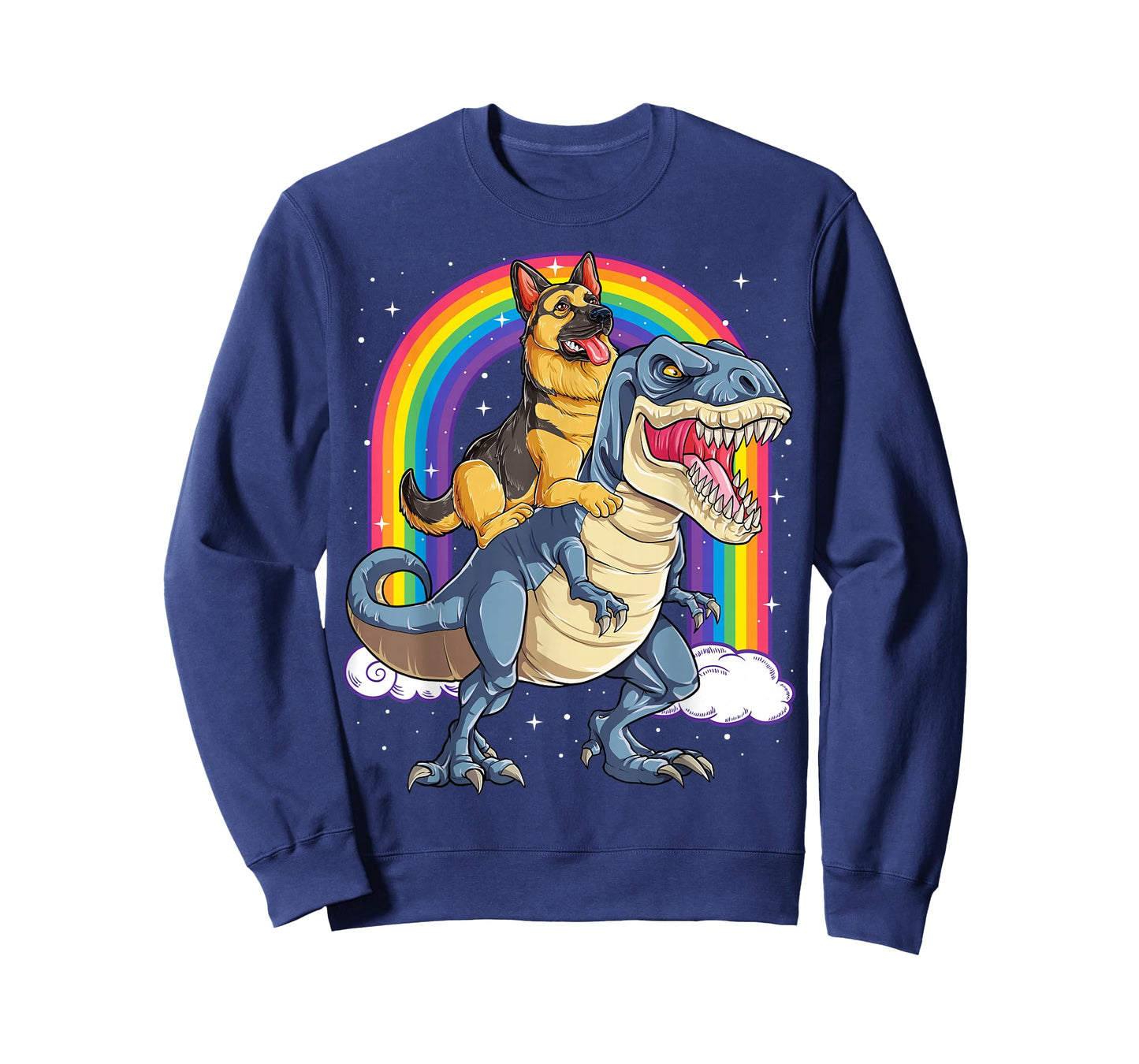 German Shepherd Riding Dinosaur T-rex Gift Boys Kids Rainbow T-Shirt