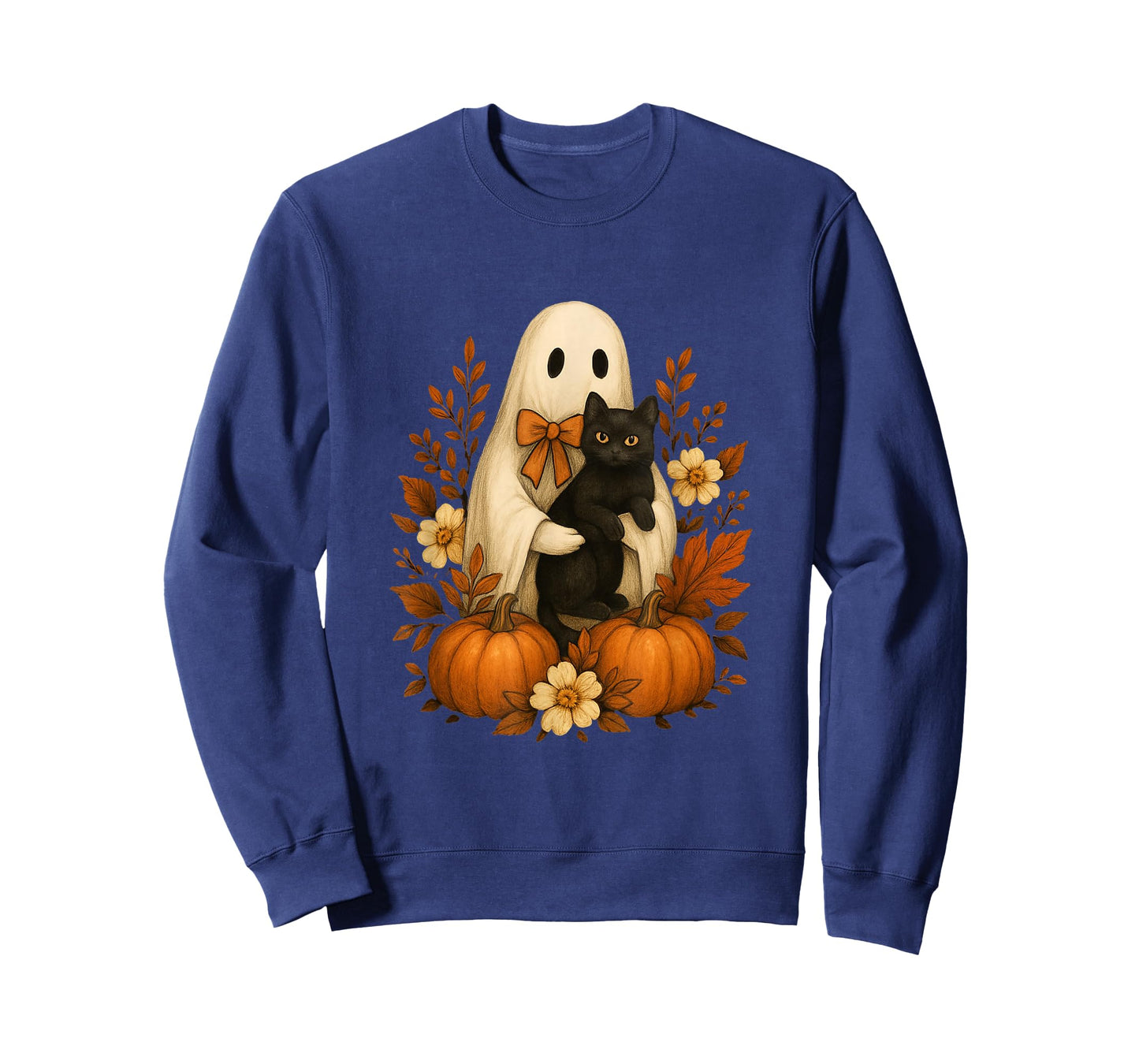 Cute Ghost Holding Black Cat Pumpkins Autumn Halloween T-Shirt