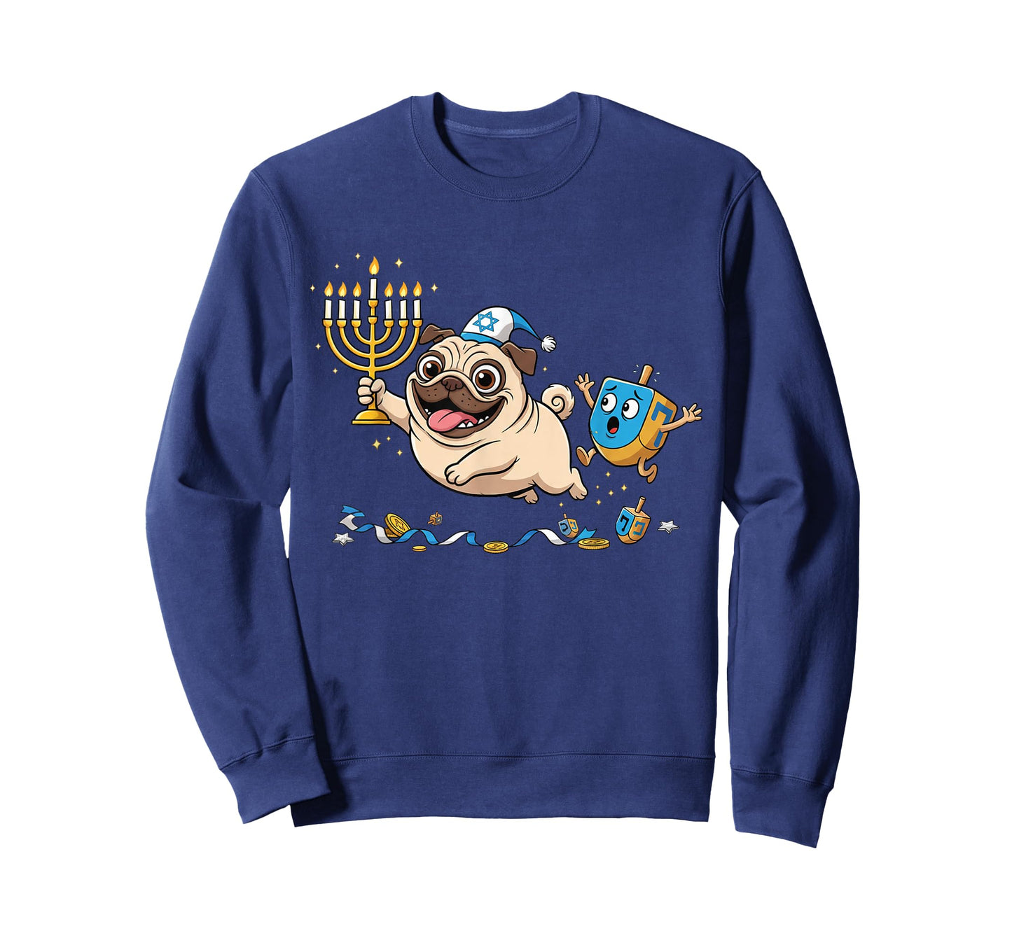Funny Pug Dreidel Menorah Hanukkah Kids Womens Mens T-Shirt