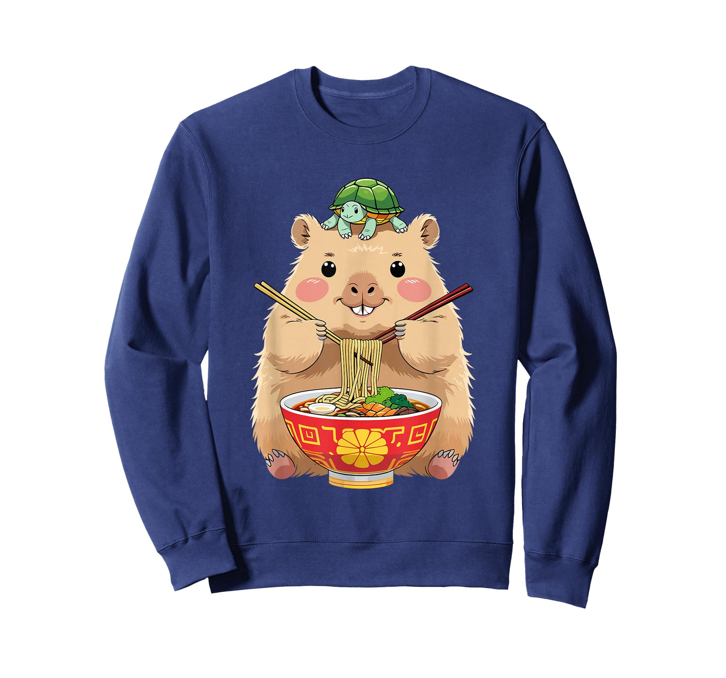 Cute Kawaii Capybara Eating Noodles with Turtle on Head T-Shirt