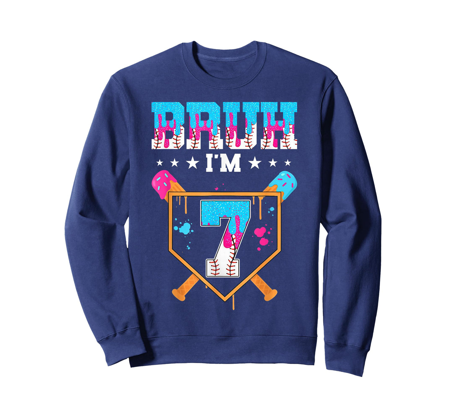 Bruh 7th Birthday Boy Baseball Ice Cream Drip 7 Year Old Boy T-Shirt