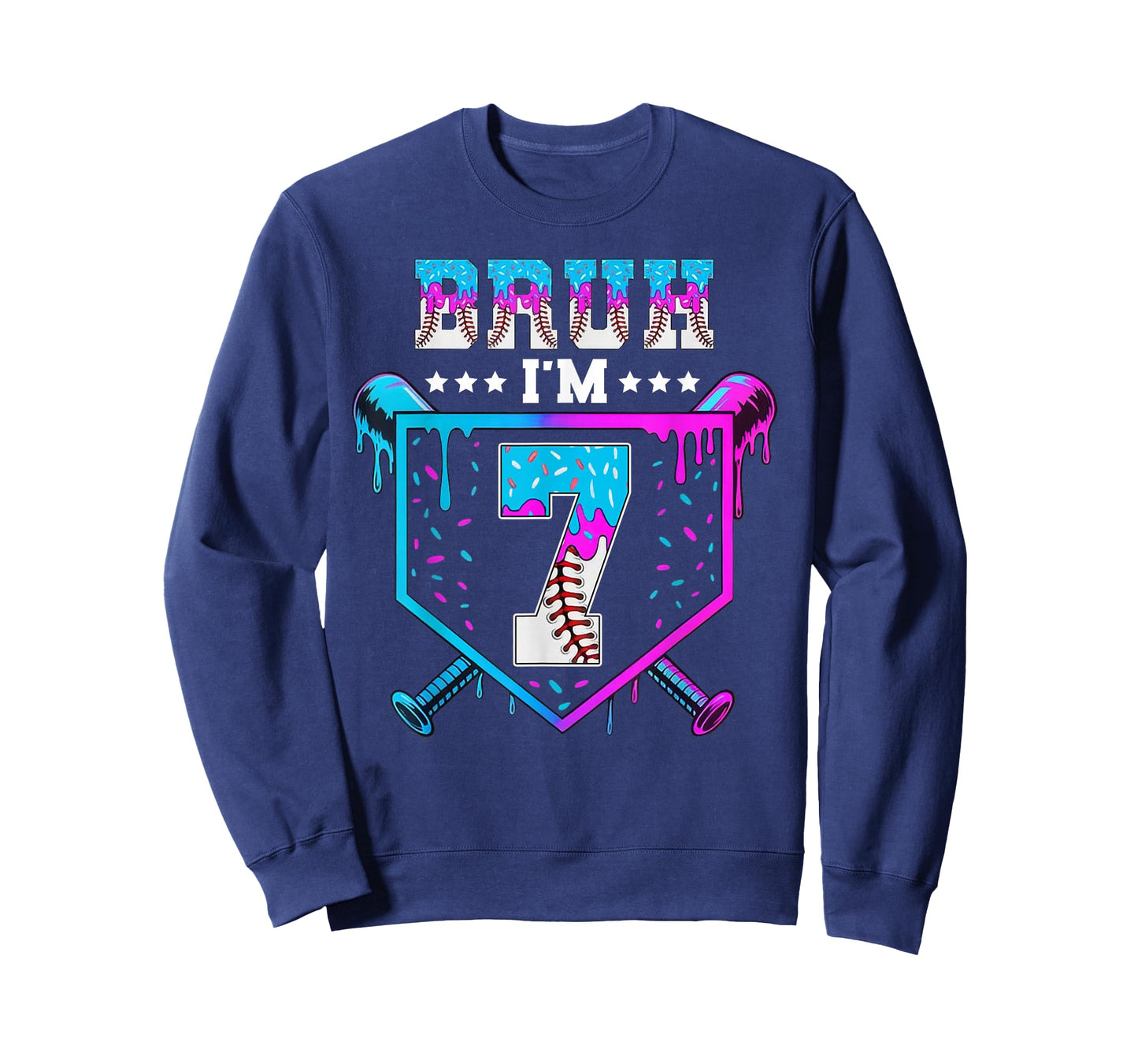 Bruh 7th Birthday Boy Baseball Ice Cream Drip 7 Year Old Boy T-Shirt