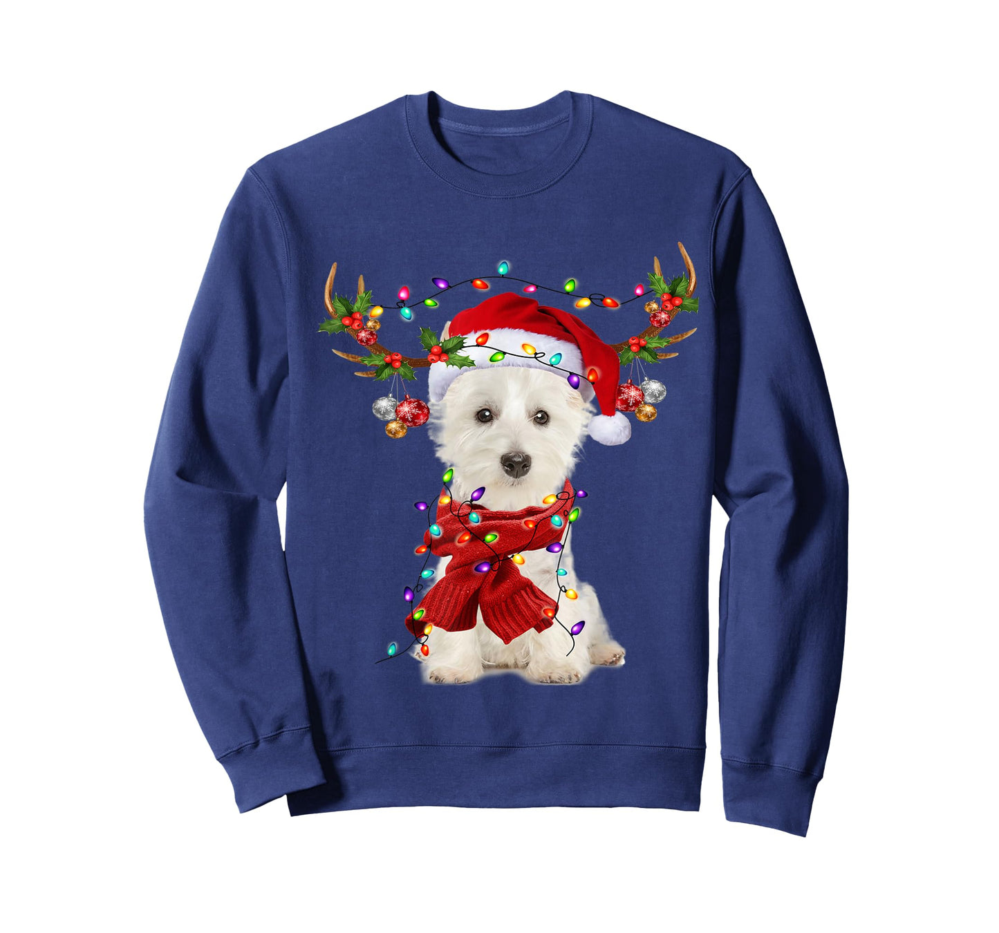 Santa Westie Dog Reindeer Christmas Lights Men Women Kids T-Shirt