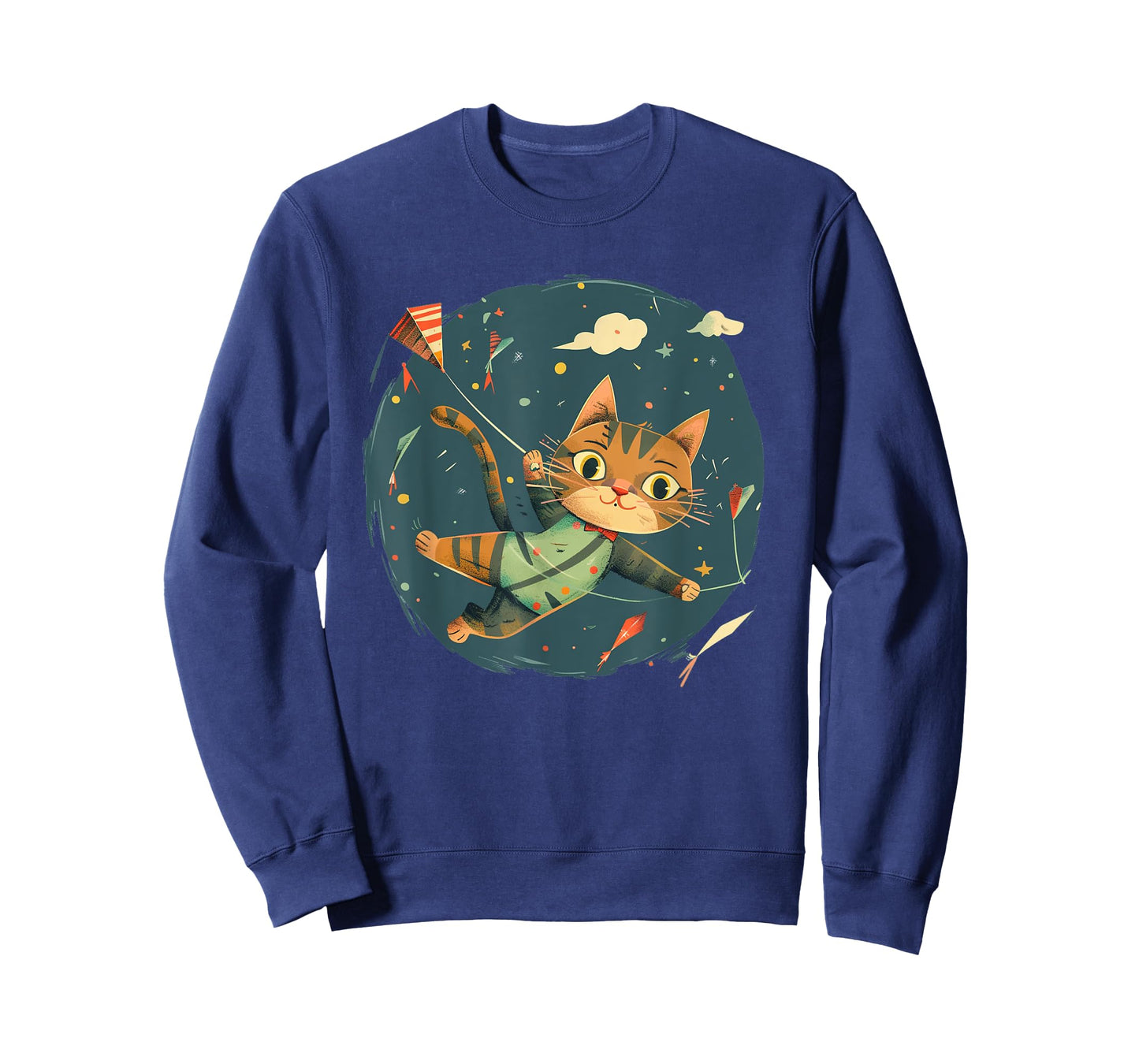 Cheerful Cat Flies Kites Emblem for a Playful Windy Touch T-Shirt