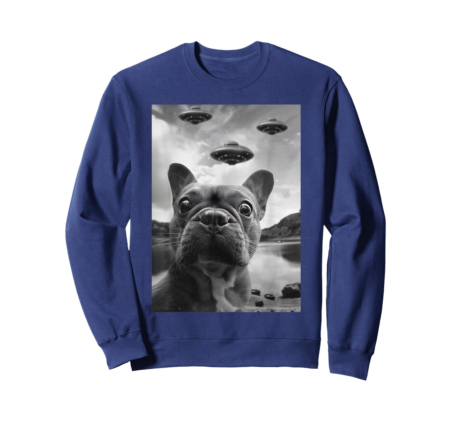 Funny French Bulldog Selfie with UFOs Weird Puppy Dog T-Shirt