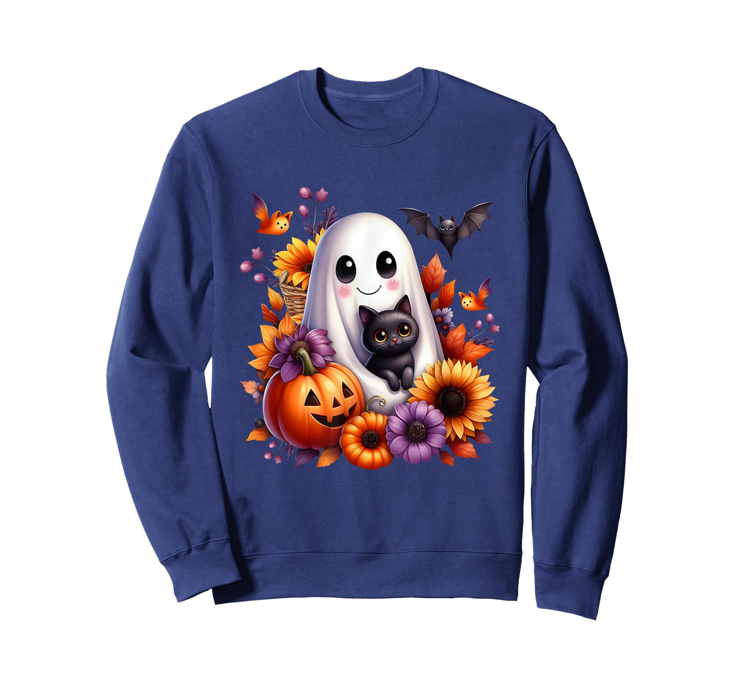 Vintage Halloween Ghost with Black Cat Pumpkin Autumn Flower T-Shirt