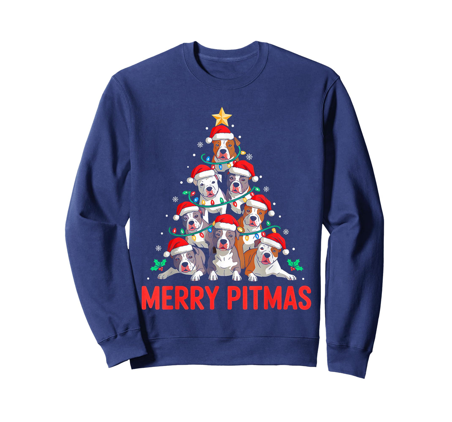 Pitbull Dog Tree Xmas Light Santa Hat Christmas Merry Pitmas T-Shirt