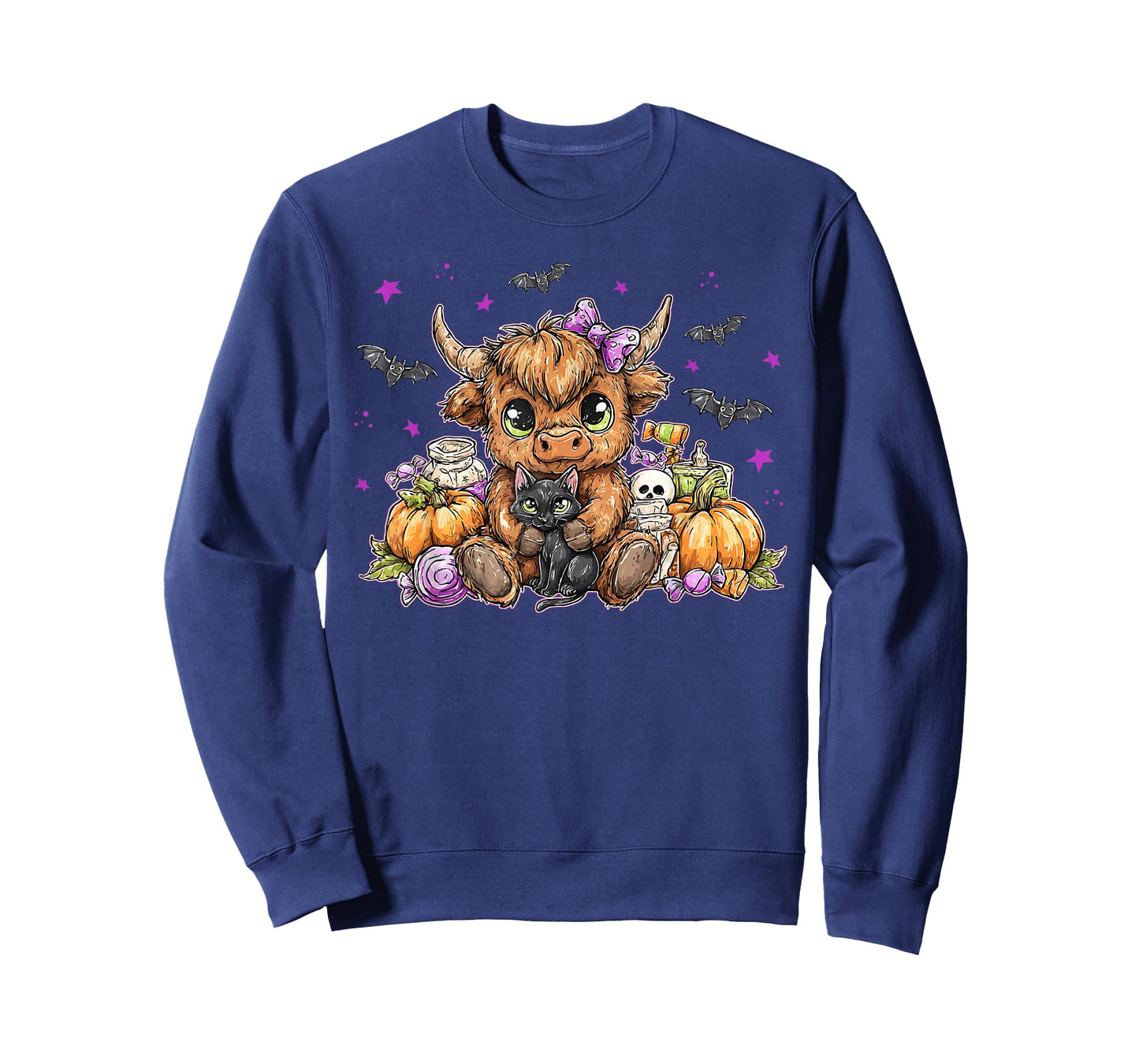 Retro Pumpkin Highland Cow Halloween Cow Lover Black Cat T-Shirt